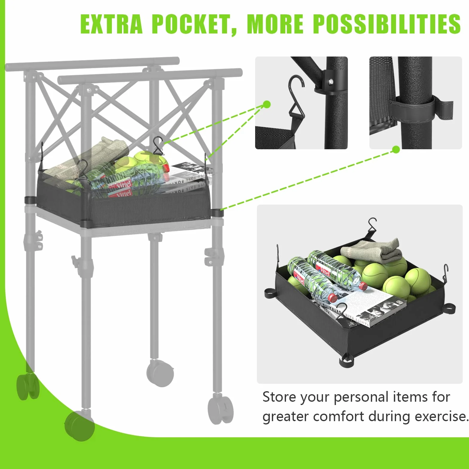 Panier à balles de tennis pliable avec roues, hauteur réglable, capacité 150 balles, sac de rangement