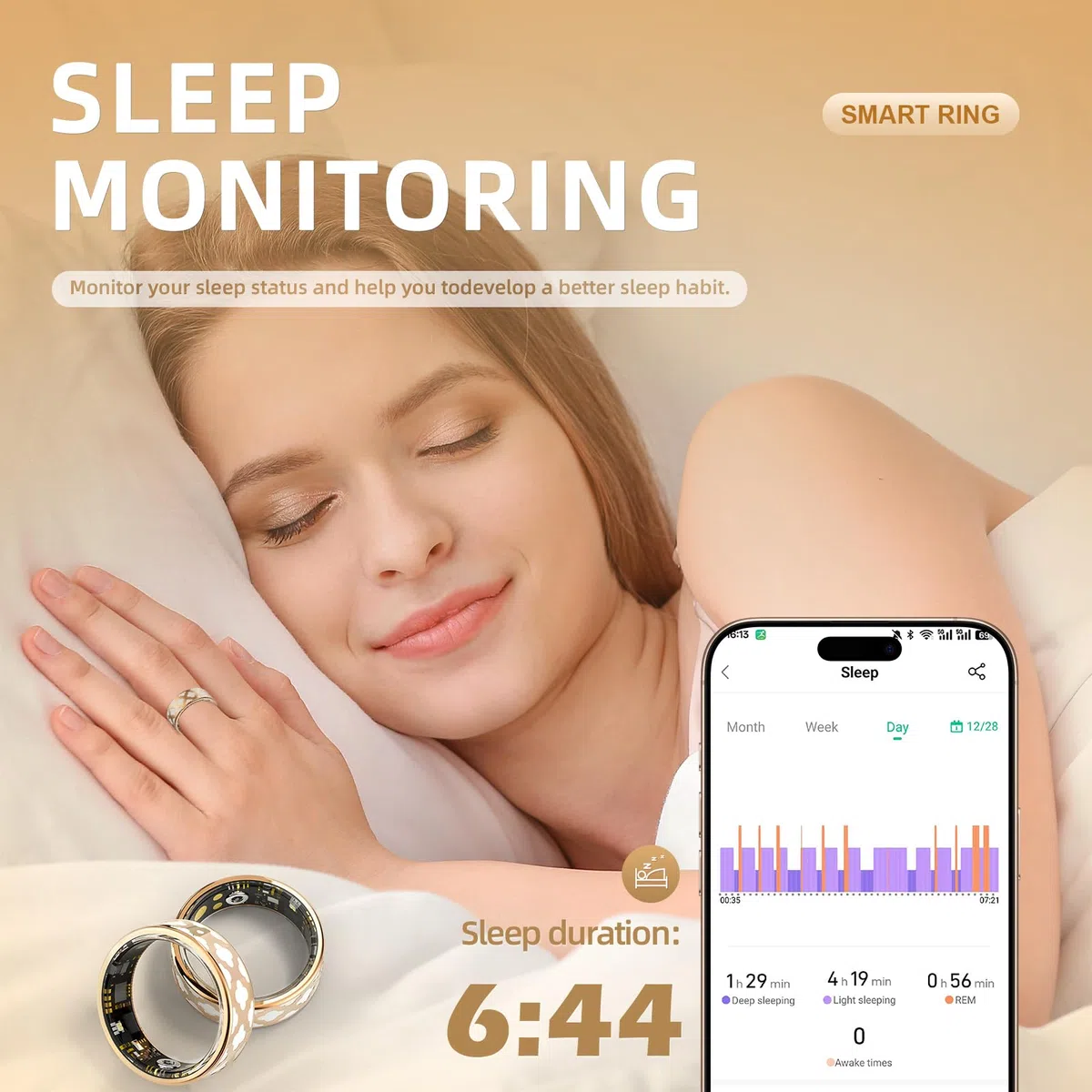 Bague Connectée Élégante pour Femme & Homme, Smart Ring Traqueur de Santé avec Fréquence Cardiaque, Oxygène Sanguin, Sommeil, Podomètre, 10ATM Étanche, Compatible iOS/Android, Fitness Ring (10)