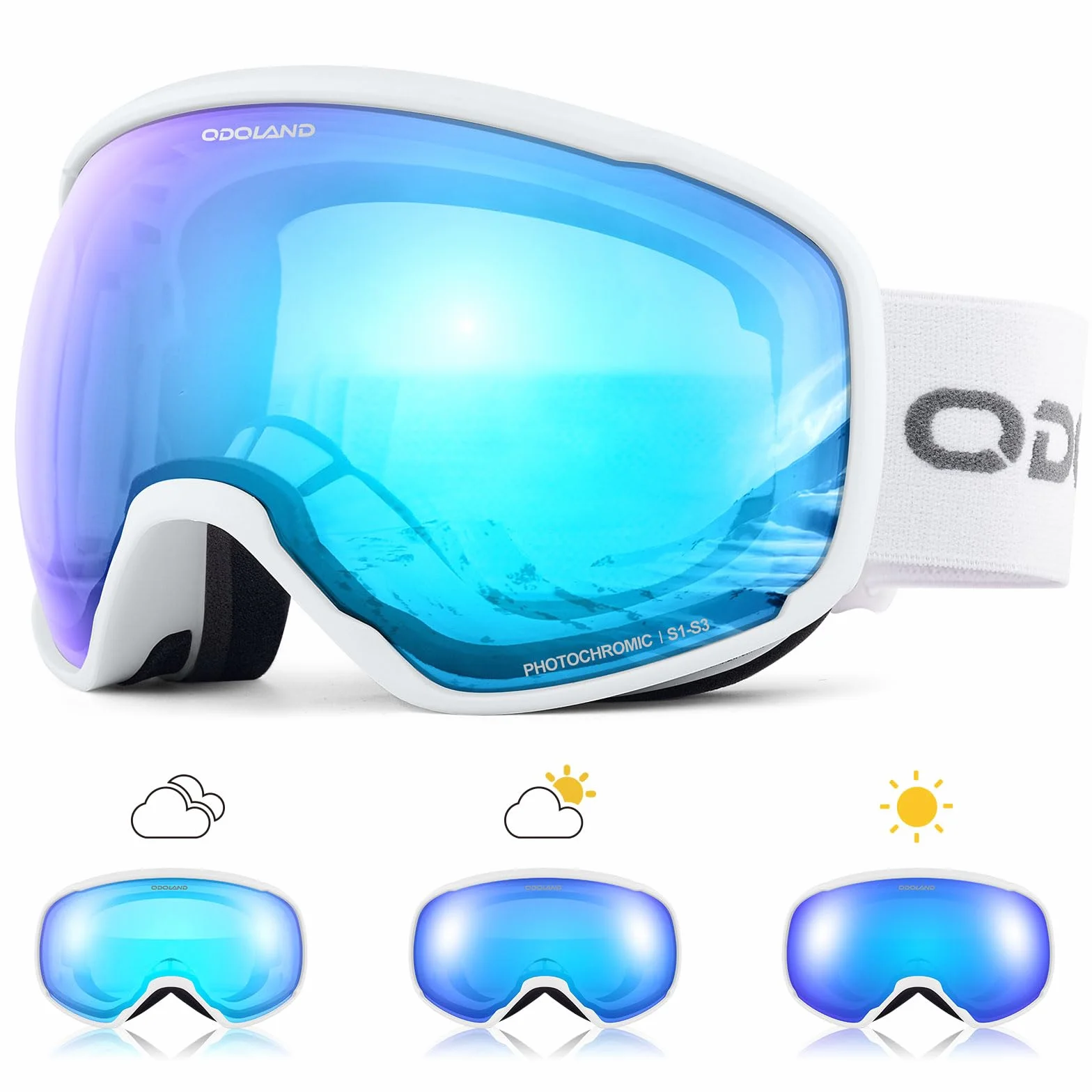 Odoland Lunettes de Ski Lentille Photochromique, Masque de Ski et Snowboard Anti-UV400, Anti-Buée,avec Grande Lentille Sphérique pour Homme Femme, Skating, Surf des neiges