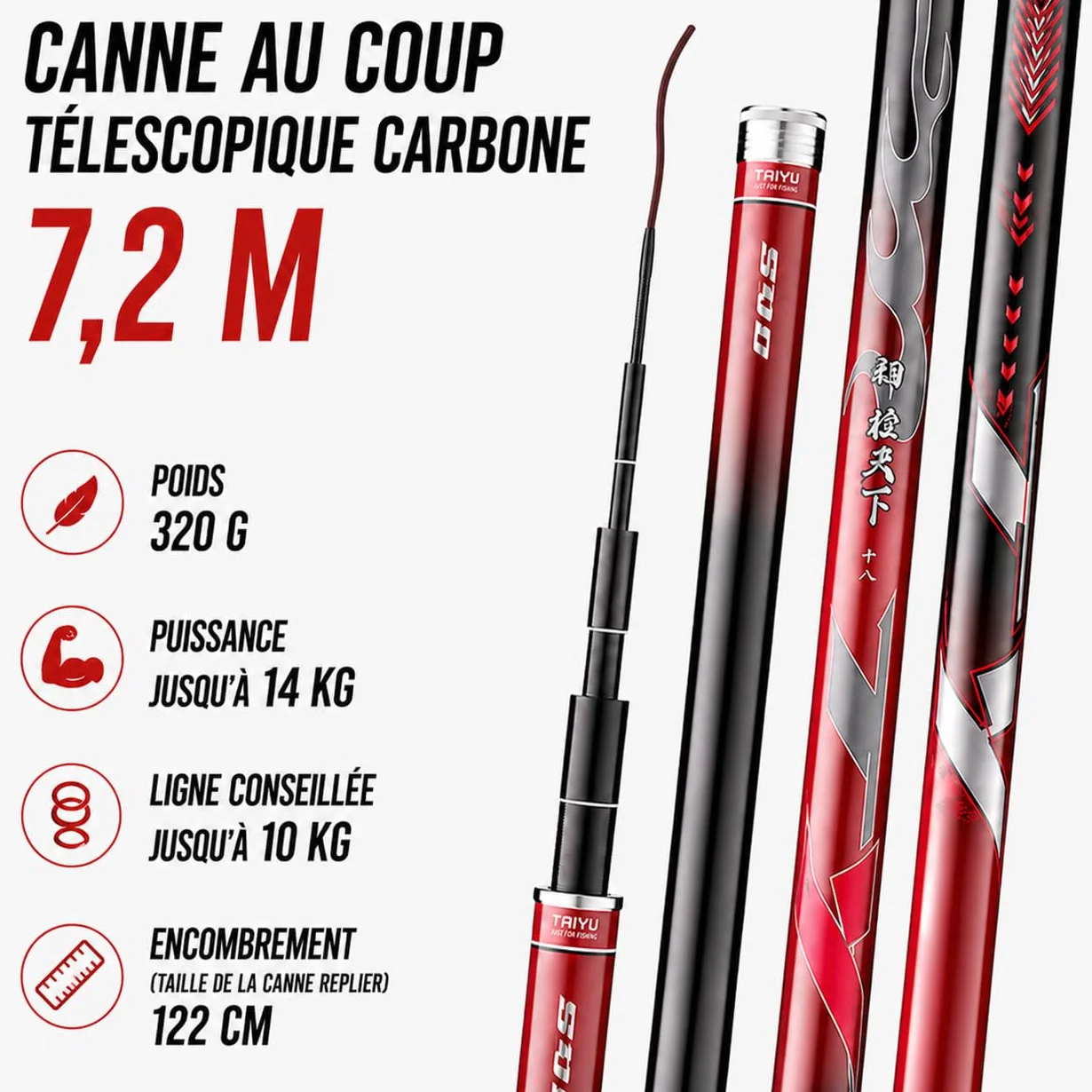 Canne à pêche au Coup Chinoise télescopique Carbone 7,2 m 320 g Puissance 14 kg Carpe Eau Douce