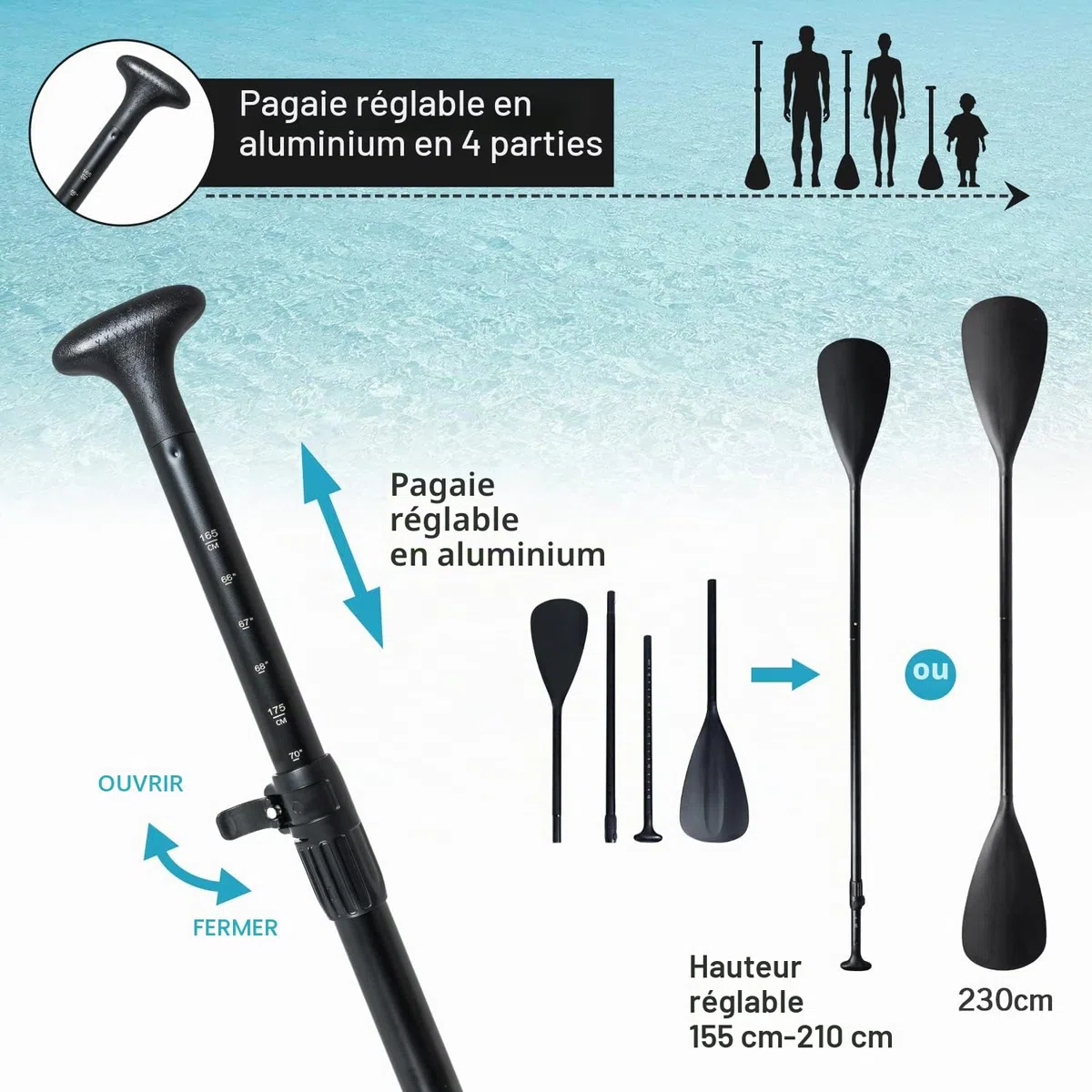 YU YUSING Pack Complet – Paddle Gonflable Adulte 335cm, Planche Stand up Paddle Gonflable 2 Personnes, Sac à Dos, Siège Kayak, Pagaie Aluminium, Support Caméra, Pompe, Tous Niveaux, jusqu'à 150 kg