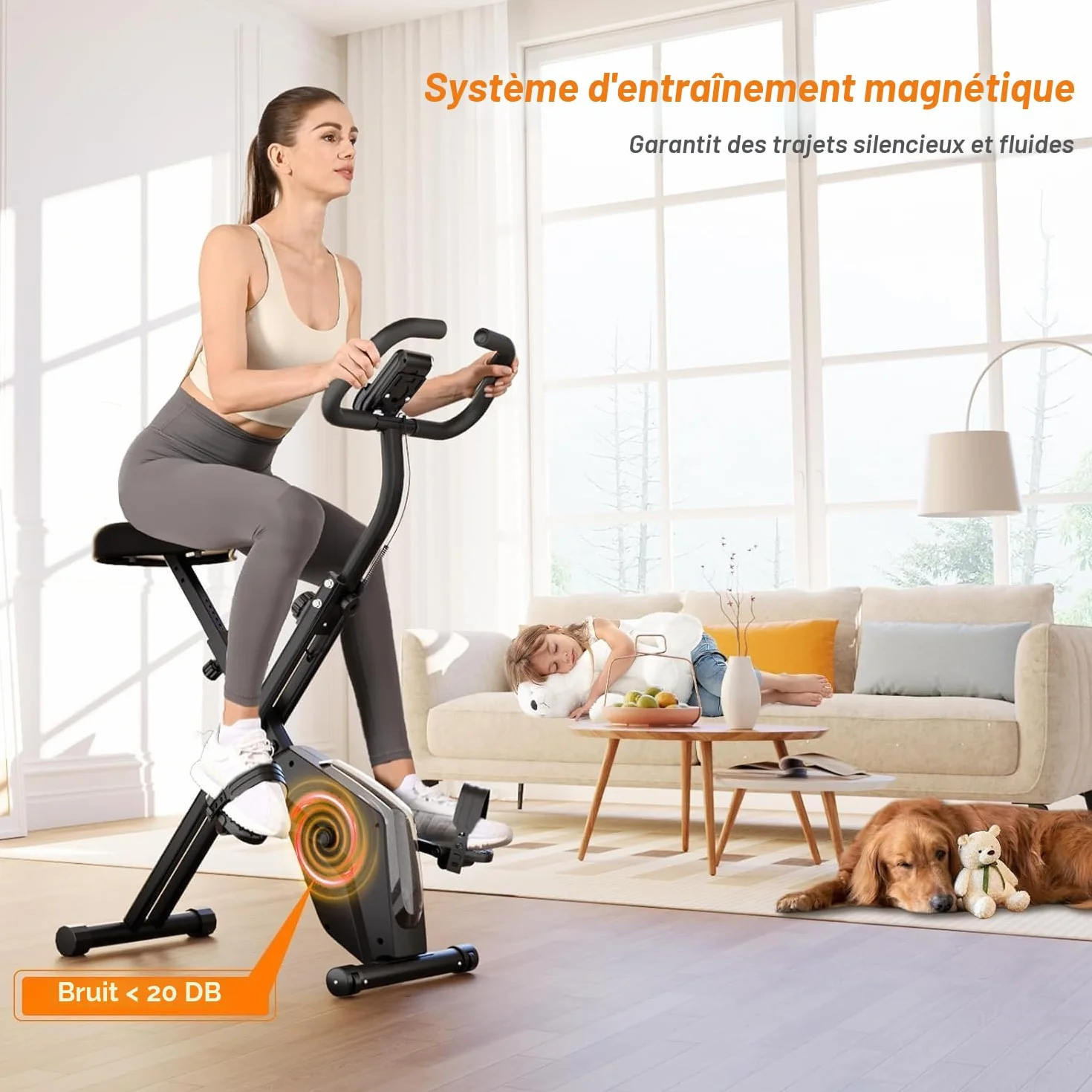 Dskeuzeew Vélo D’Appartement Pliable, Velo d Appartement avec Moniteur LCD et Mesure du Pouls Manuel, Vélo D'exercice Magnétique de Niveau 16 Avec Siège Confortable, Peu Encombrant