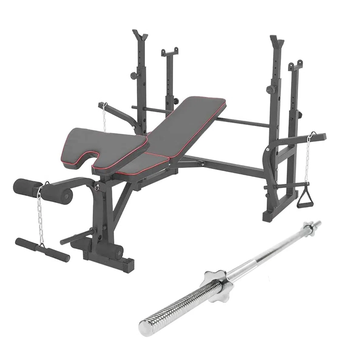 FFitness Banc multifonction pour salle de sport avec barre de 180 cm, banc de musculation réglable, station de remise en forme avec barre droite