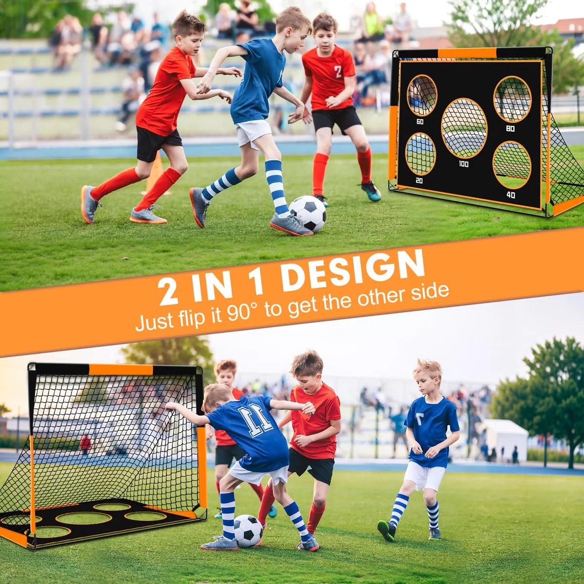But de Foot 2 en 1 pour Jardin, Cage de Football avec Cible de Tir, Filet Pliable Outdoor, But pour Enfants avec 4 Piquets et Sac de Transport