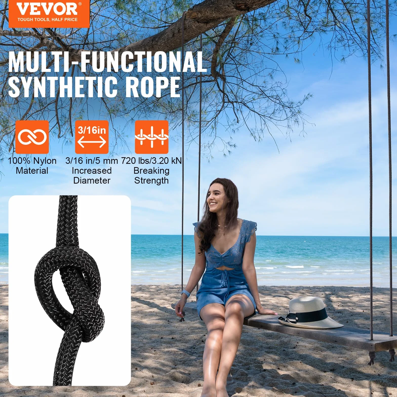 VEVOR Corde en Nylon tressé 5 mm x 76,2 m résistance 3,20 KN randonnée Camping balançoire