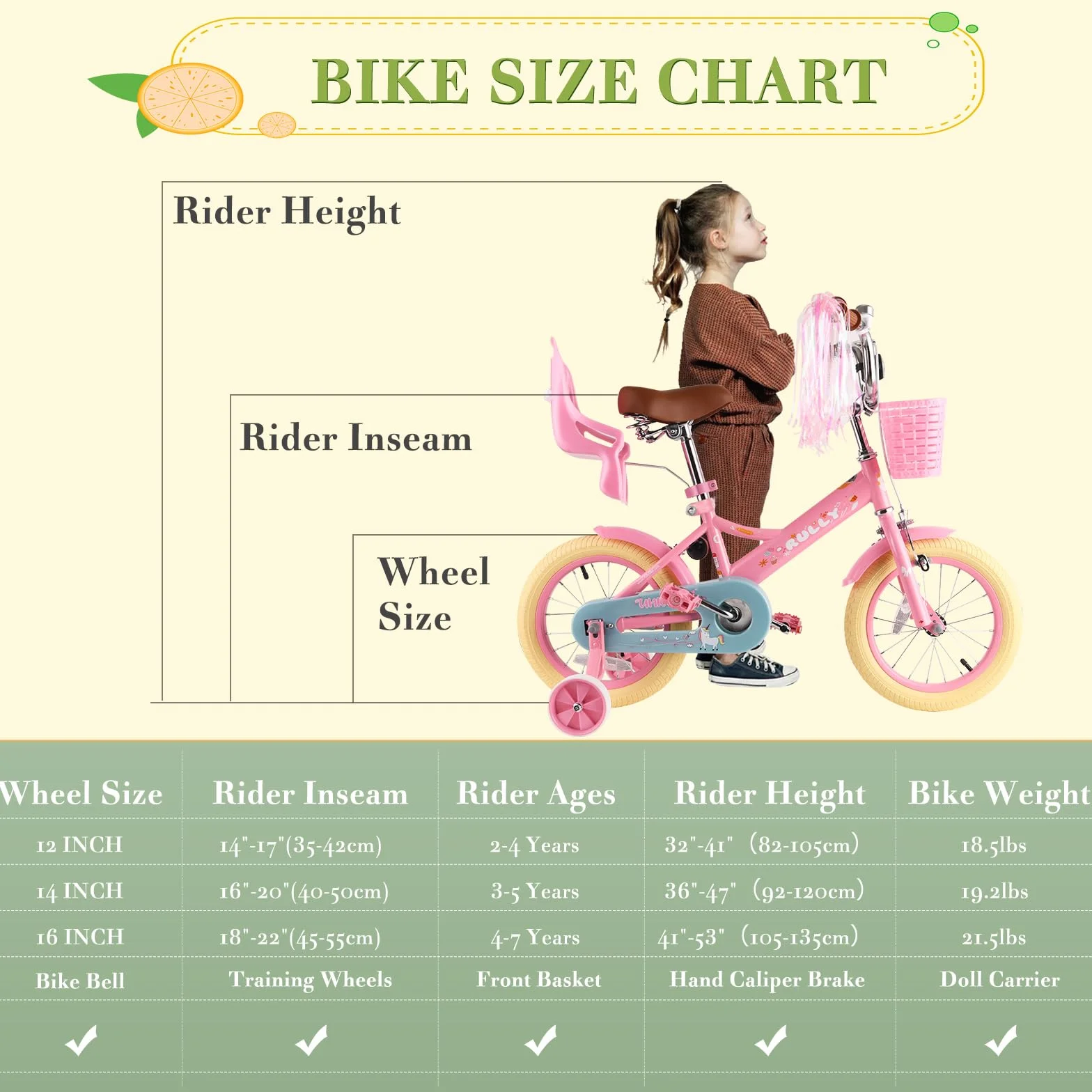 Vélo Enfant 12 14 16 Pouces RULLY Filles 2-7 Ans Roulettes Frein Panier