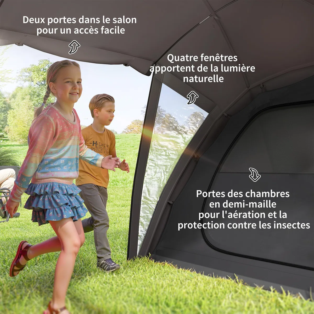 Outsunny Tente de Camping familiale pour 4-6 Personnes, Tente Tunnel imperméable 3000 mm avec 2 Portes, fenêtres, Sac de Transport, Tapis de Sol pour Camping Voyage randonnée Jardin, Noir