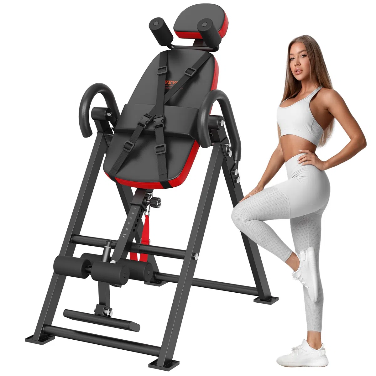 VEVOR Table d'Inversion Charge 136 kg, Banc d'Inversion avec Appui-Tête, Machine d'Étirement du Dos par Décompression, avec Verrouillage de Cheville et Ceinture de Protection, Musculation, Rouge/Noir