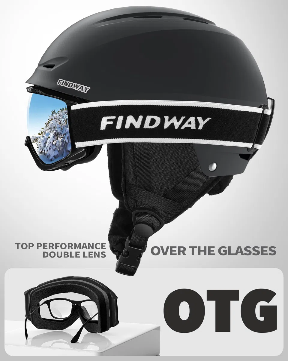 Findway Casque de Ski avec Lunettes de Ski pour Hommes Femmes Jeunes Casque Ski Ajustable pour Skating, Surf des neiges, Antichoc et Universel