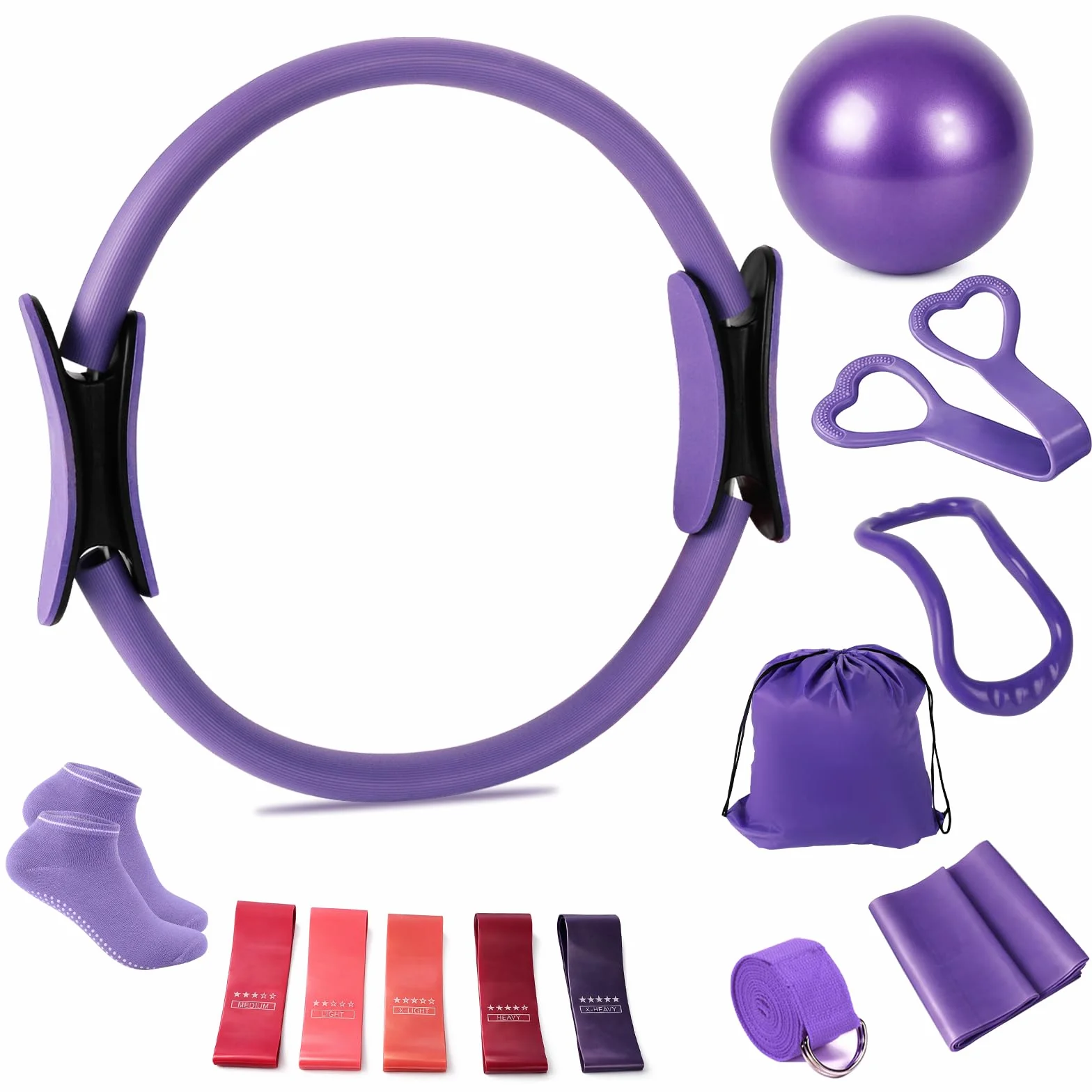 Roadtime Kit Pilates pour la maison, kit débutant de 13 pièces avec balle de yoga de 25 cm, cercle magique de 35 cm, 5 bandes de résistance, chaussettes de yoga, disques glissants, anneau de Pilates