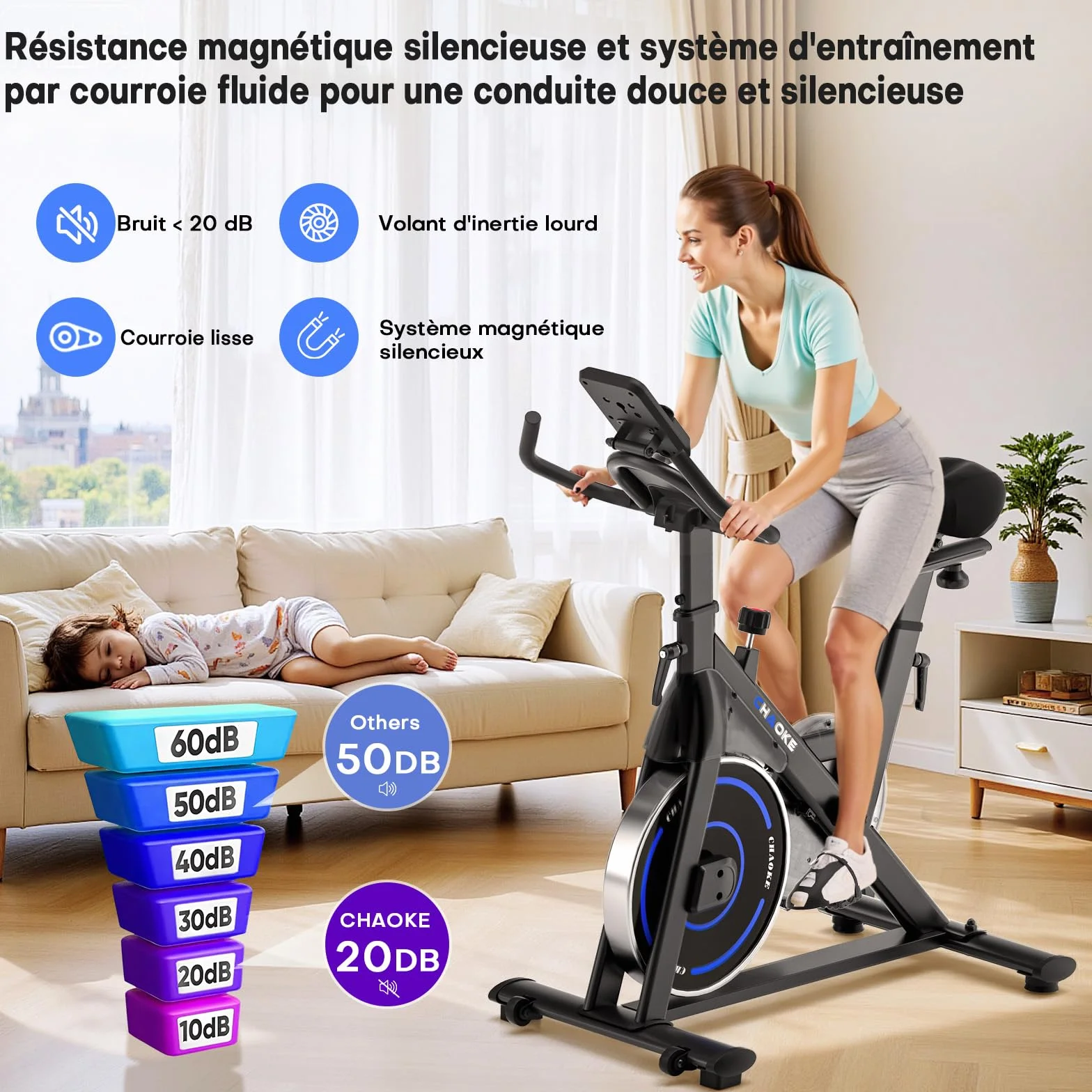 CHAOKE Vélo d'appartement Silencieux Résistance Magnétique Réglable App écran LCD Capacité 150KG