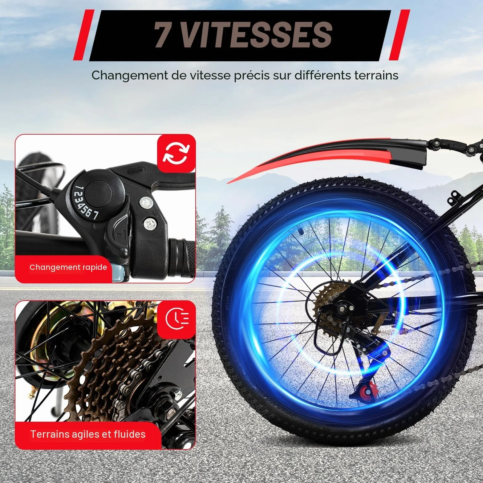 VTT 20" à 7 vitesses moderne, pour garçons et filles de 8 à 13 ans, VTT avec 4 gardes, support, cloche de boussole, sac de rangement pour bouteille d’eau, capacité de charge 85 kg, cadre