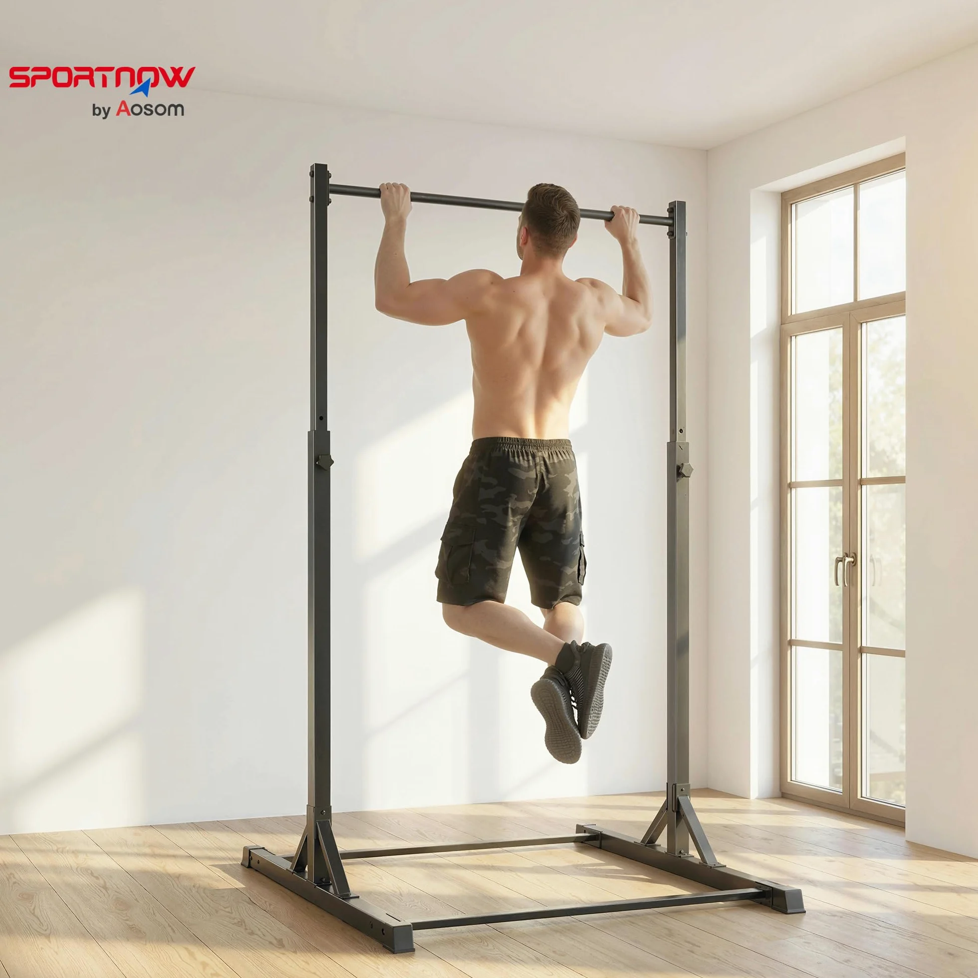 SPORTNOW Barre de traction sur pied et station de musculation - power tower 200 kg, 8 niveaux de hauteur, châssis en acier robuste 128 cm, équipement fitness pour musculation maison et tractions, noir