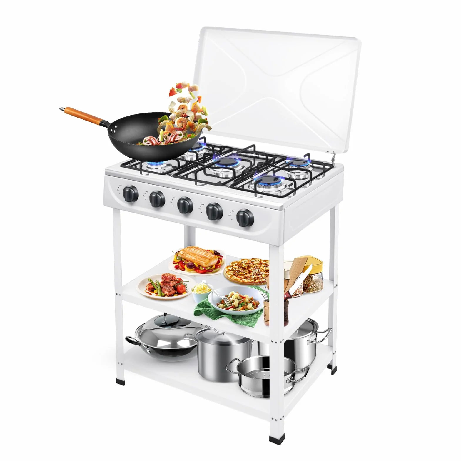Cuisinière à Gaz Naturel Autoportante Avec 5 BrûLeurs, Avec éTagère à 2 étages, 4 Housses De Protection Contre La Poussière, CuisinièRe à Gaz Portable, Pour Camping Camping-Car Maison (5 BrûLeurs)