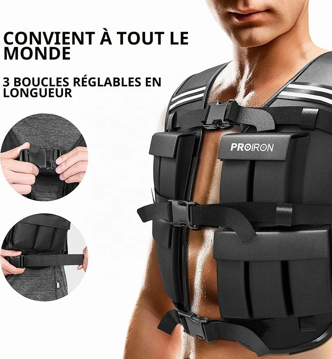 PROIRON Gilet Lesté Réglable 10kg/20kg, 20 Packs de Poids, Veste de Poids Homme Femme avec Bande Réfléchissante pour Course à Pied Musculation Entraînement Force Endurance Exercice Cardio, Noir