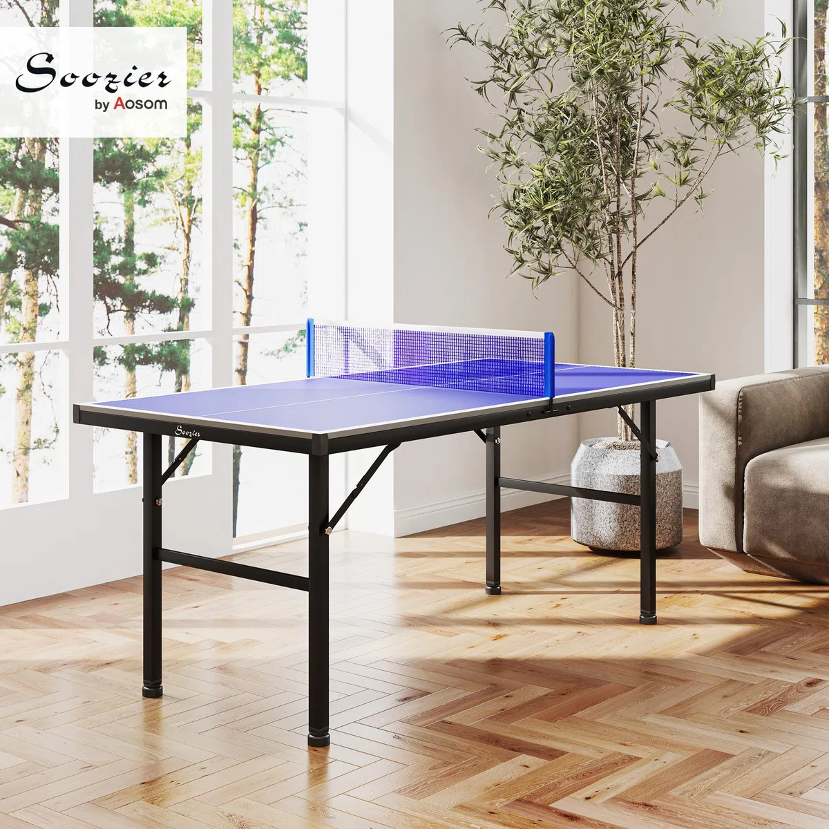 SPORTNOW Mini Table de ping Pong 153x76cm avec Plateau traité UV, Table Pliante pour intérieur et extérieur, Table de Tennis de Table avec Pieds réglables, Filet et 5 Pieds, Bleu