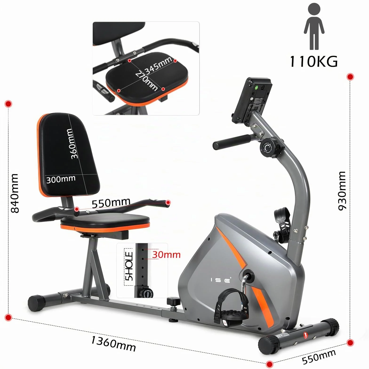 ISE Vélo d'Appartement Semi-Allongé Vélo Couché avec Frein Magnétique, Roues de Transport, Capteurs d'Impulsion, l'Ecran LCD, 8 Niveaux de Résistance Réglables, Velo d appartement Semi Allongé