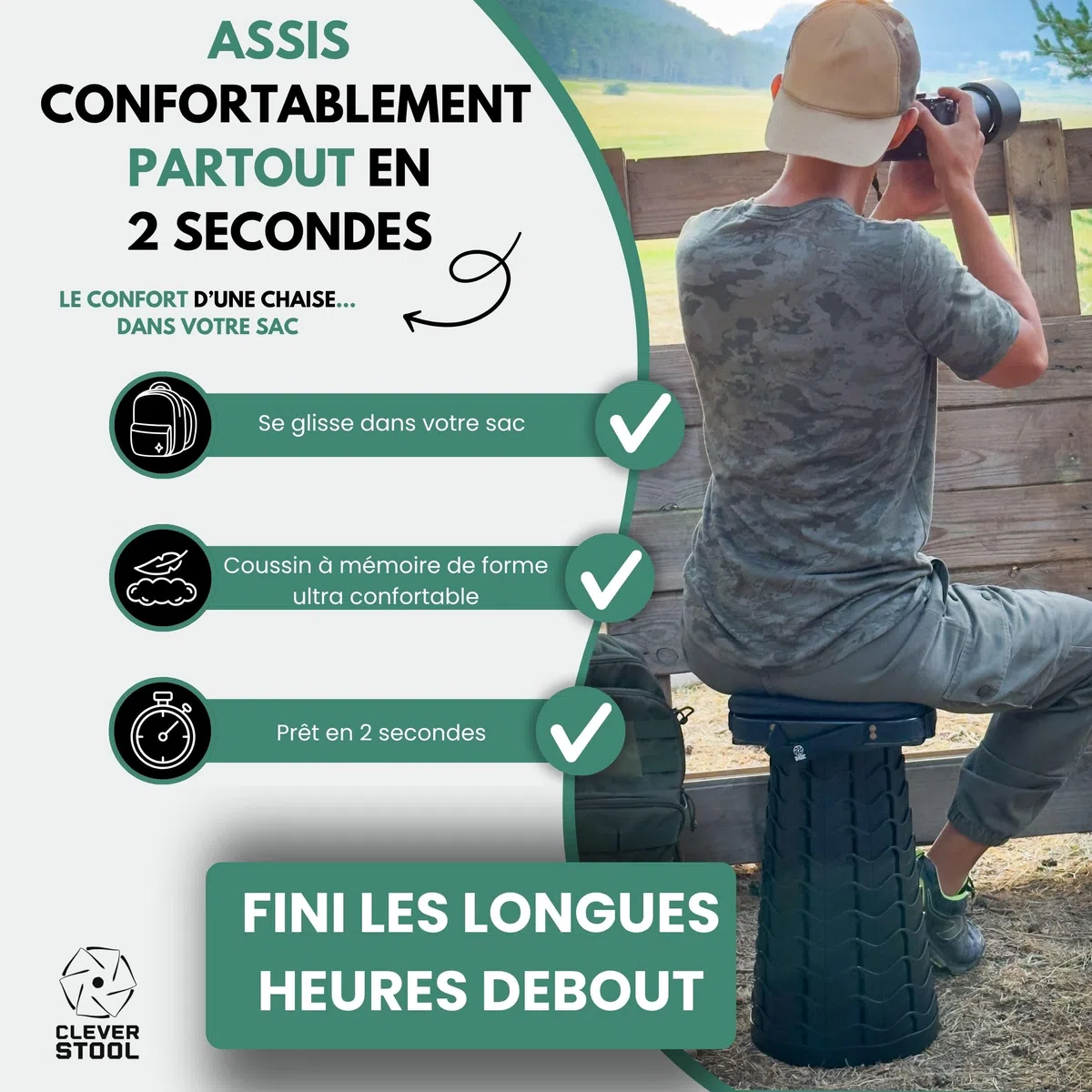 Tabouret Pliable Télescopique Confort avec Coussin – Ultra Résistant 220 kg, Siège Portable Réglable pour Camping, Pêche, Festival, Voyage