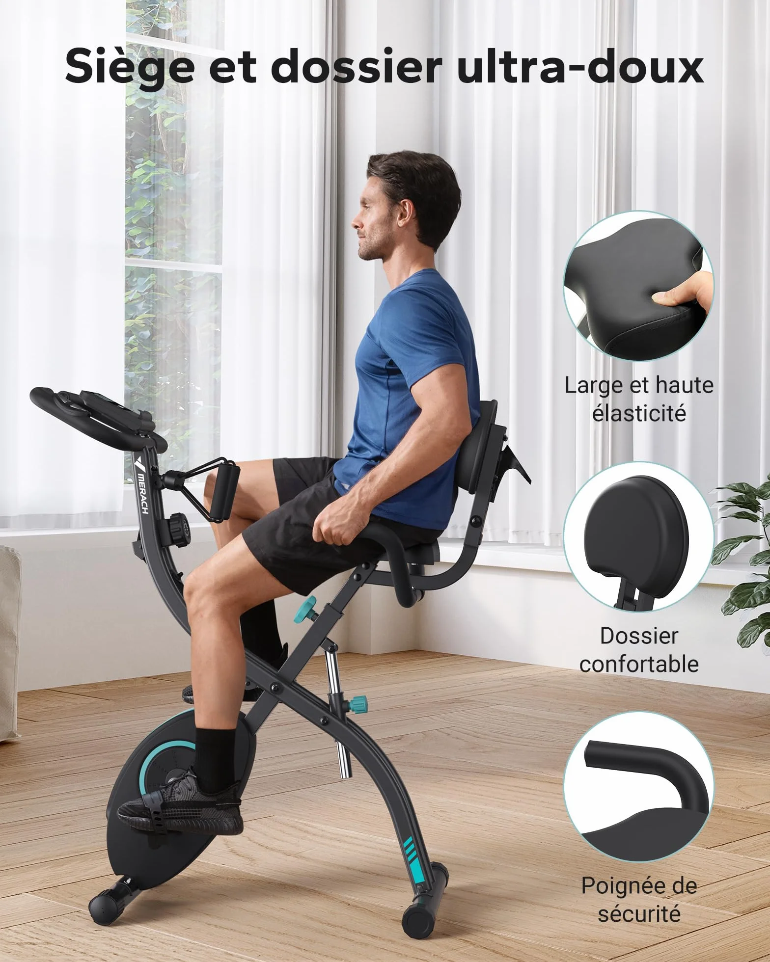 MERACH Velo D Appartement Silencieux avec App Entraînement, 4 en 1 Vélo D’Appartement Pliable avec Résistance Magnétique 16 Niveaux, Écran LCD, Mesure du Pouls, Bande de Résistance, Selle Confortable