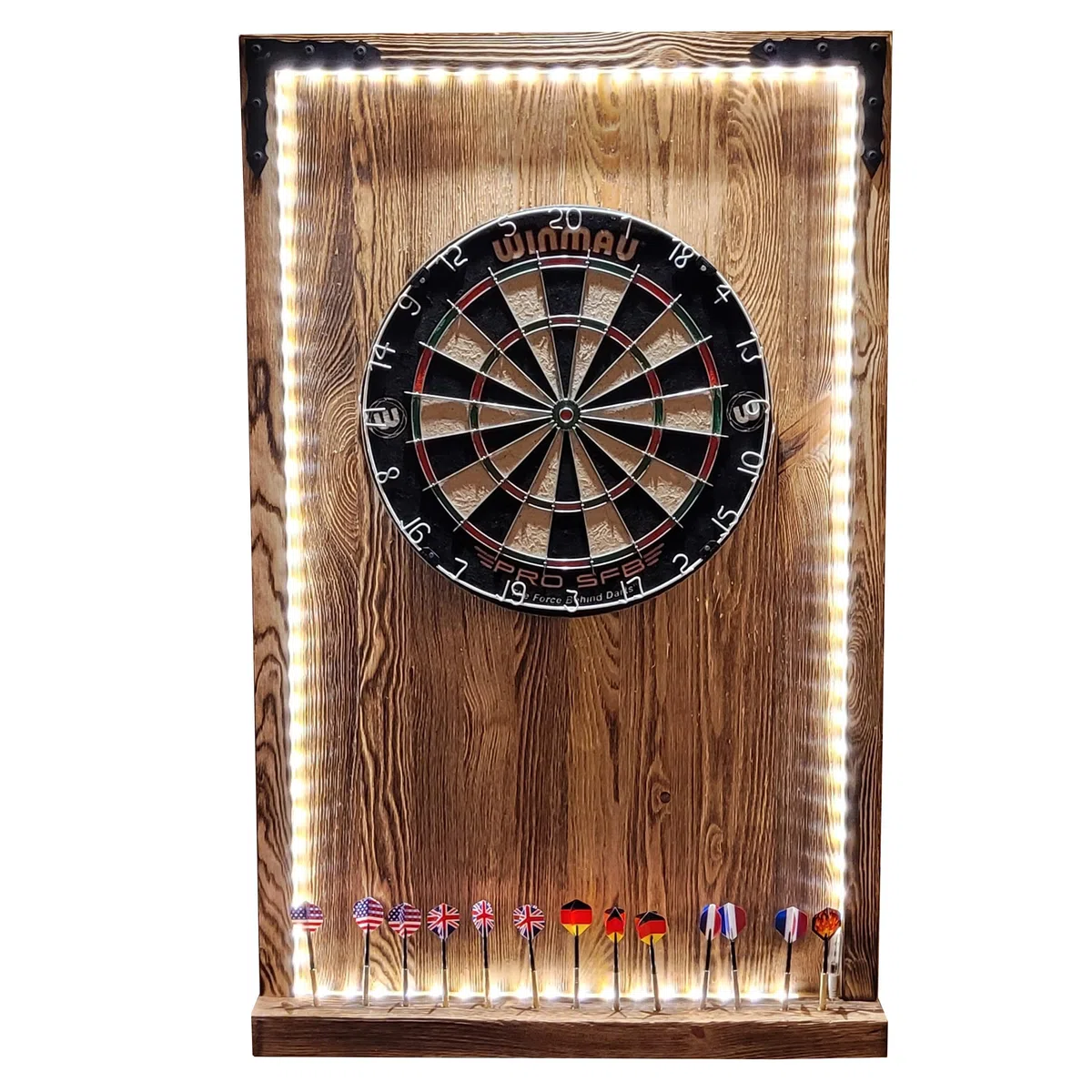 WEECO Jeu de fléchettes complet – Cible de fléchettes, 12 fléchettes et un couvercle mural en bois avec éclairage LED intégré contrôlé par télécommande et alimenté par une prise secteur. Flam