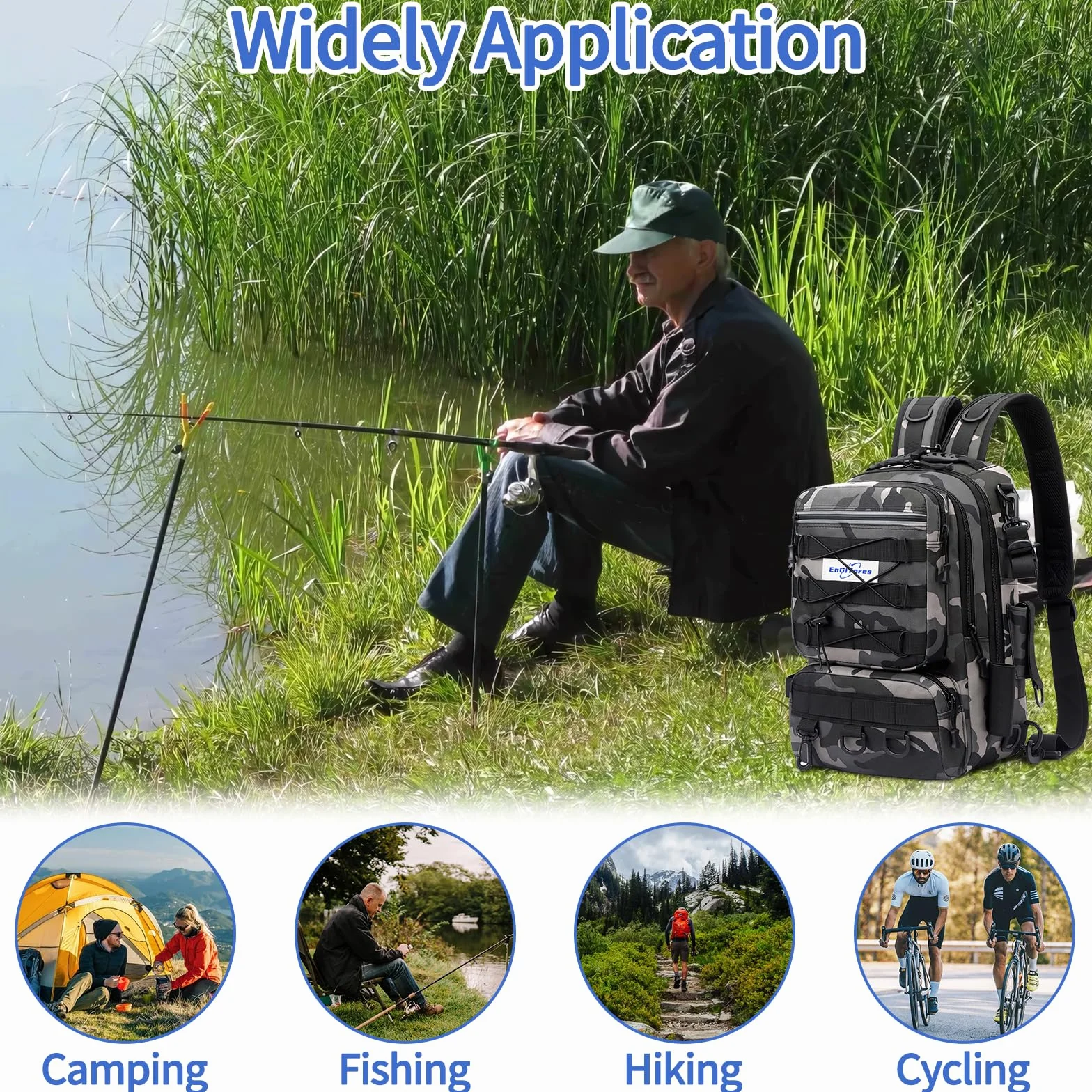 Sac à dos pêche EnGiTores fishing tackle bag pour matériel de pêche, canne étanche, camping, randonnée et voyages (45×30×25cm)
