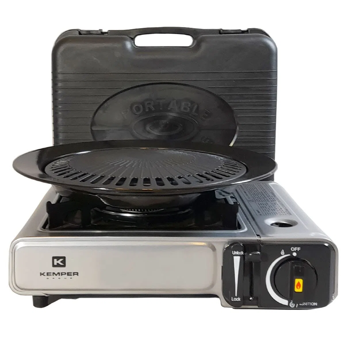 KEMPER - Barbecue Grill 2 en 1 Réchaud gaz piézo 2200 W + Plaque Grill + 8 Cartouches gaz Butane Camping