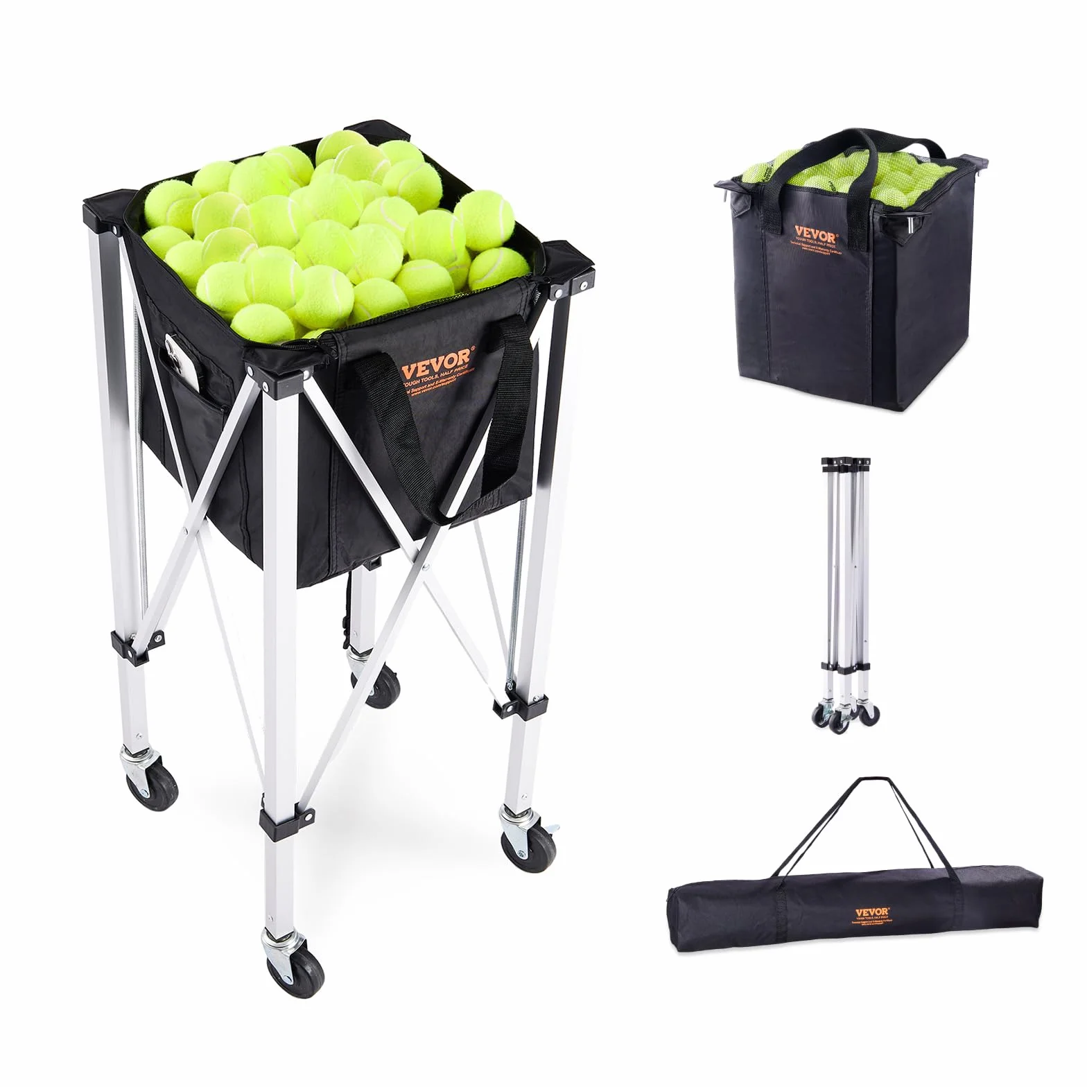 VEVOR Panier à Balle de Tennis Pliable 180 balles Chariot Alliage d'aluminium avec roulettes