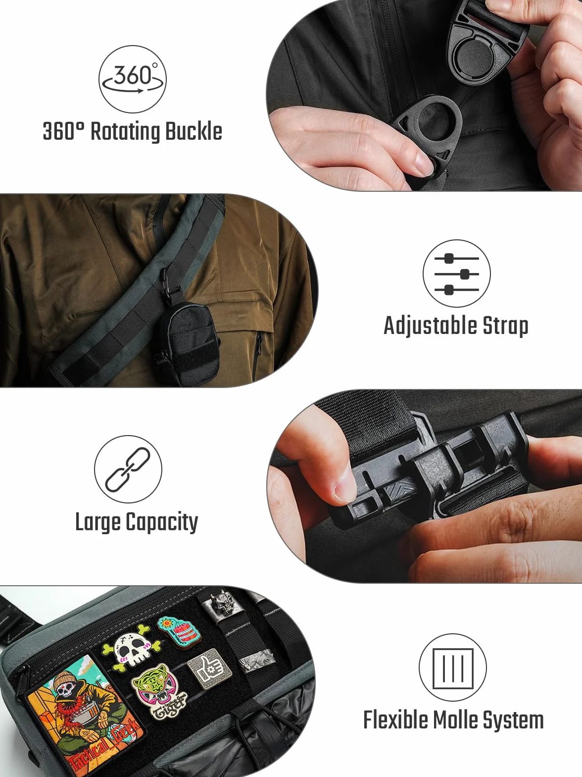 TACTICAL_GEEK Cache L3 EDC Sling Bag Poitrine Sac bandoulière Nylon CORDURA Fermeture éclair YKK Sac à dos d'épaule Tactique Sangle Ambidextre de Randonnée
