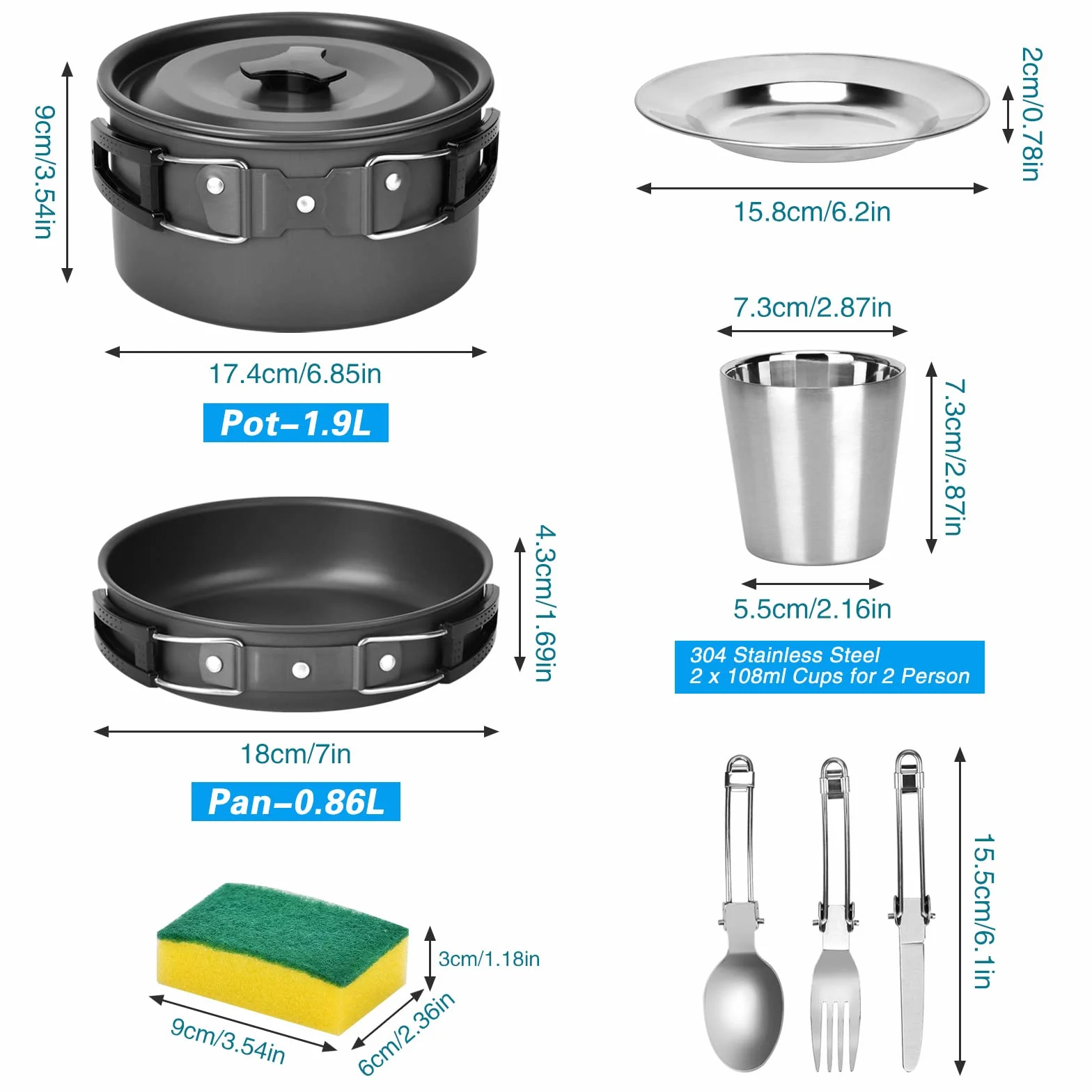 Queta Kit d'ustensiles de Cuisine de Camping, 17 pièces, kit d'ustensiles de Cuisine, Casserole de Pique - Nique pour 2-3 Personnes, Camping, extérieur, randonnée, Pique