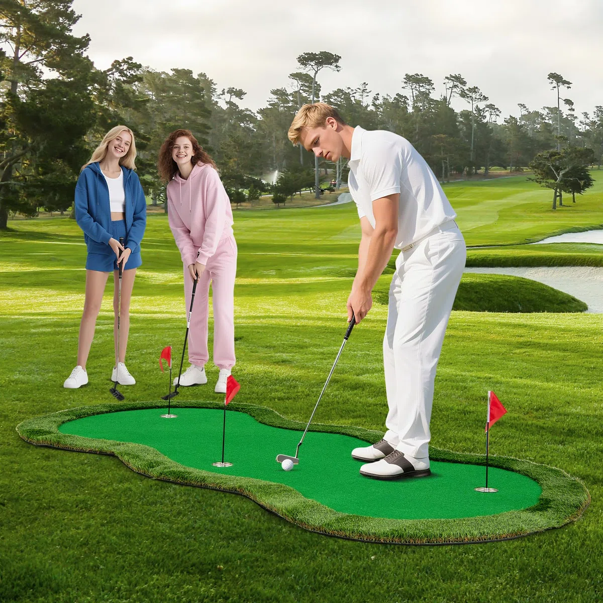 LIFEZEAL Tapis de golf professionnel 150 x 300 cm avec 3 trous et balles Tapis de putt pour intérieur et extérieur à la maison, au bureau, sur le patio