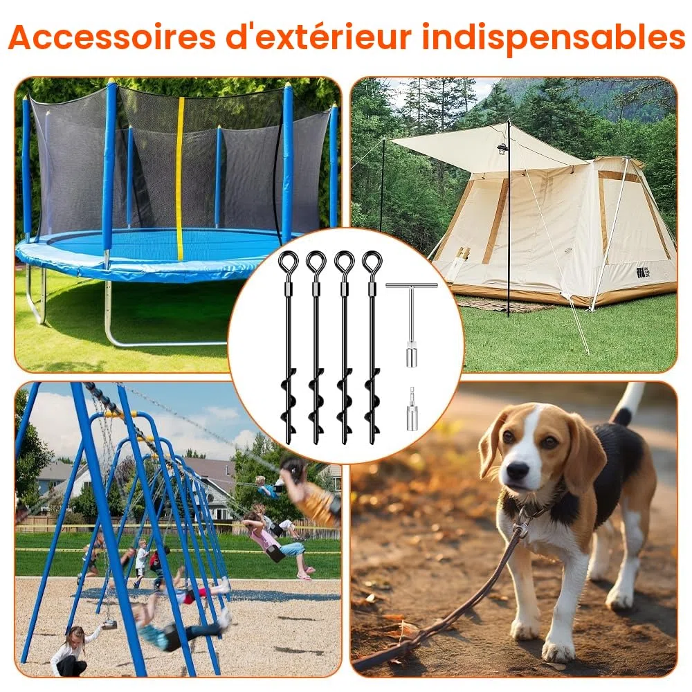 Ancrages de Sol à Visser pour Trampoline, 4 pièces de Sol Robustes, piquets de Tente pour Tente de Camping, Trampoline, auvents, abris de Voiture, hangars, balançoires,pour Vents violents
