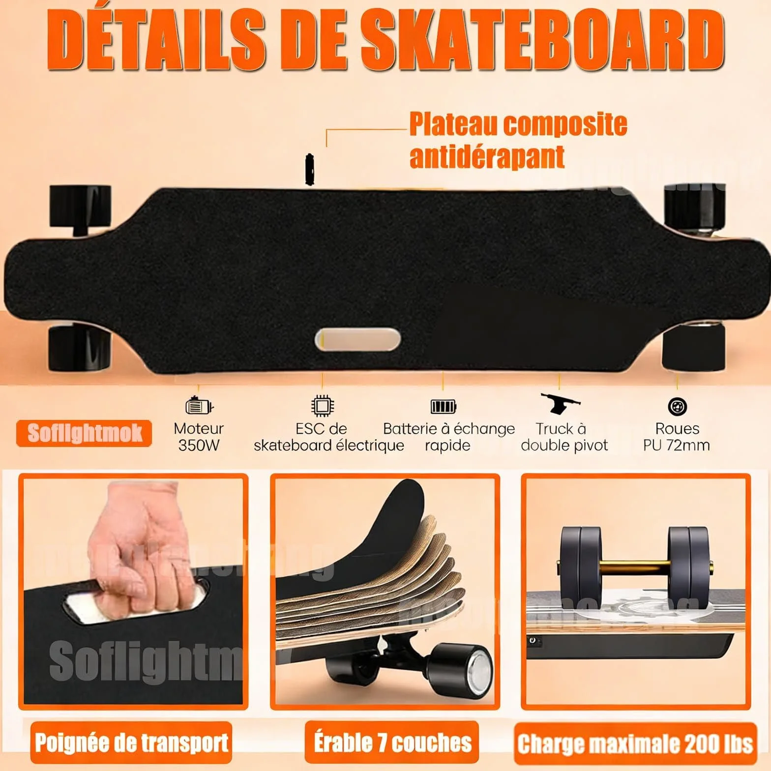 Planche Électrique Tout-Terrain 350W 25km/h Autonomie 15km Deck 7-Ply Érable 90kg Télécommande 4 Vitesses
