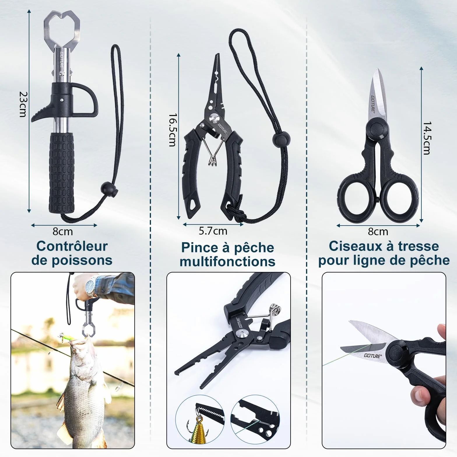 Goture Ensemble de pêche avec Canne à pêche télescopique (Carbone 24T), 1,8 m/2,1 m/2,4 m/2,7 m | Ensemble Complet de d'outils de pêche et d'appâts avec Moulinet de pêche 5,2:1, Ligne 150 m/14 kg