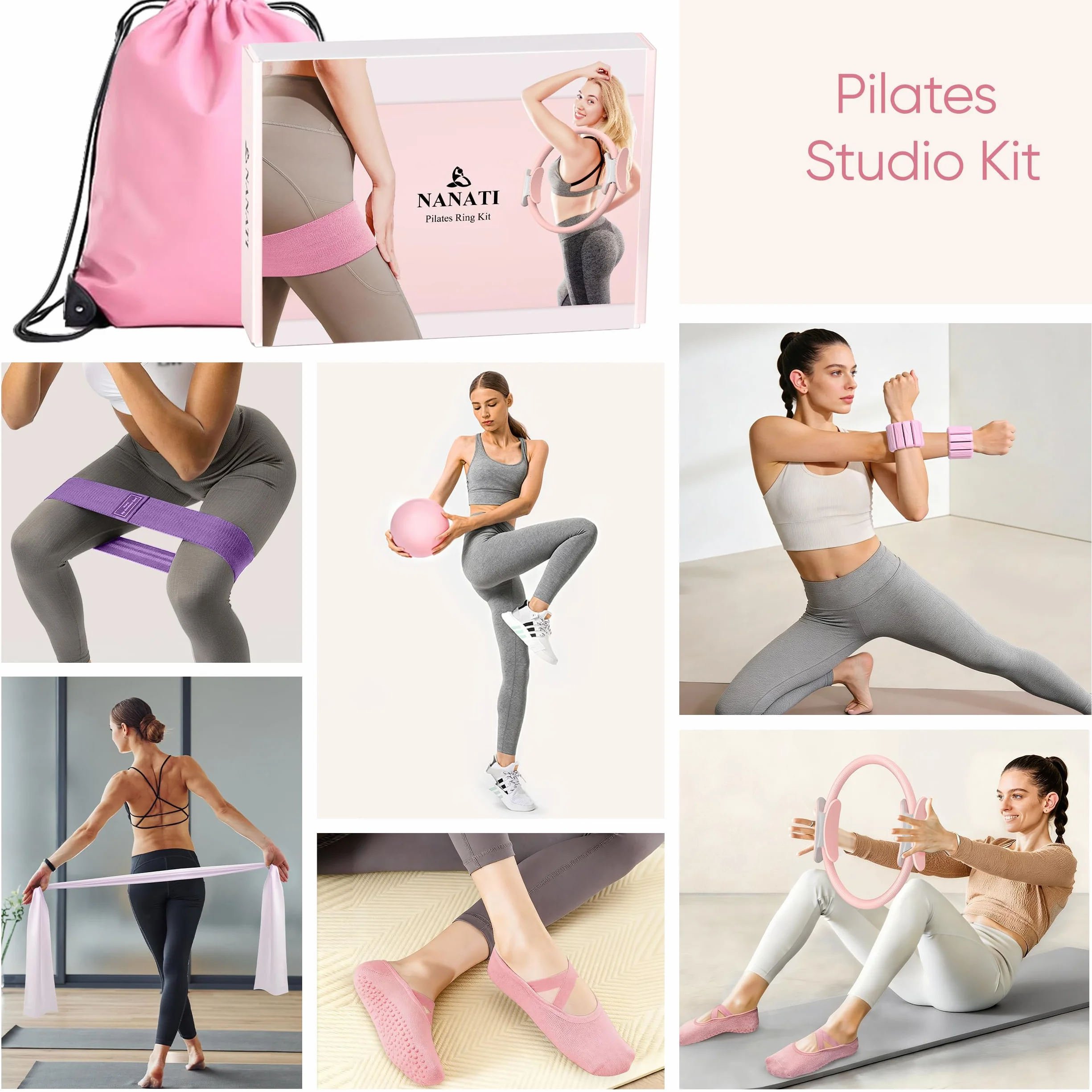 NANATI Kit de pilates 18 pièces, kit essentiel de pilates pour femmes à domicile, équipement de pilates avec anneau et balle de pilates de 36,8 cm, 7 bandes de résistance, poids de cheville, curseurs