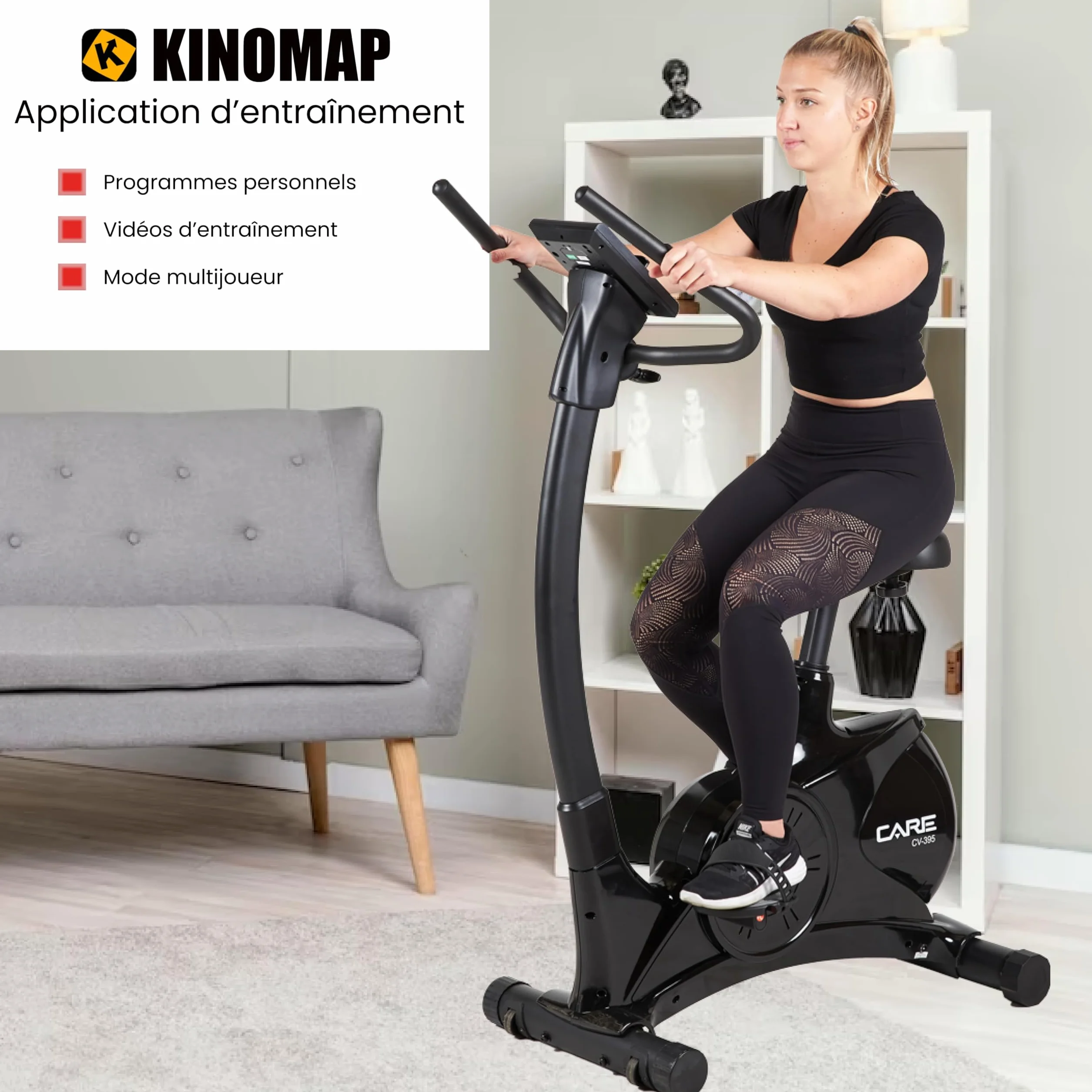 Care Fitness - Vélo d'Appartement Motorisé CV-395 - Vélo Droit 24 Programmes d'Entraînement - Masse d'Inertie 12kg - Résistances Magnétique Motorisée - Connectivité Application Mobile/Kinomap