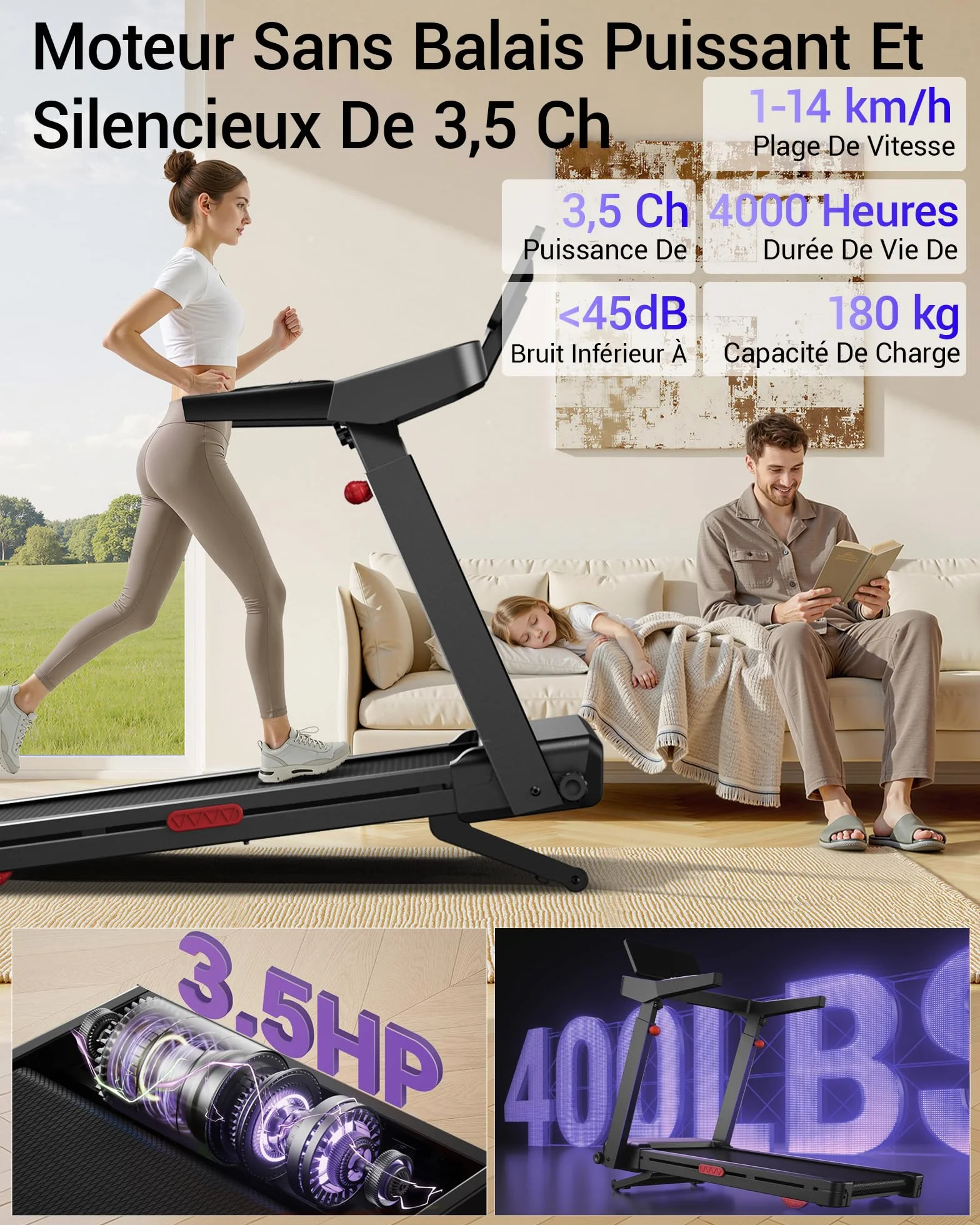 UMAY Tapis de Course avec Inclinaison Automatique 20%, 14KM/H Pliable 3,5CV Treadmill Home Affichage LED Charge Max 180KG