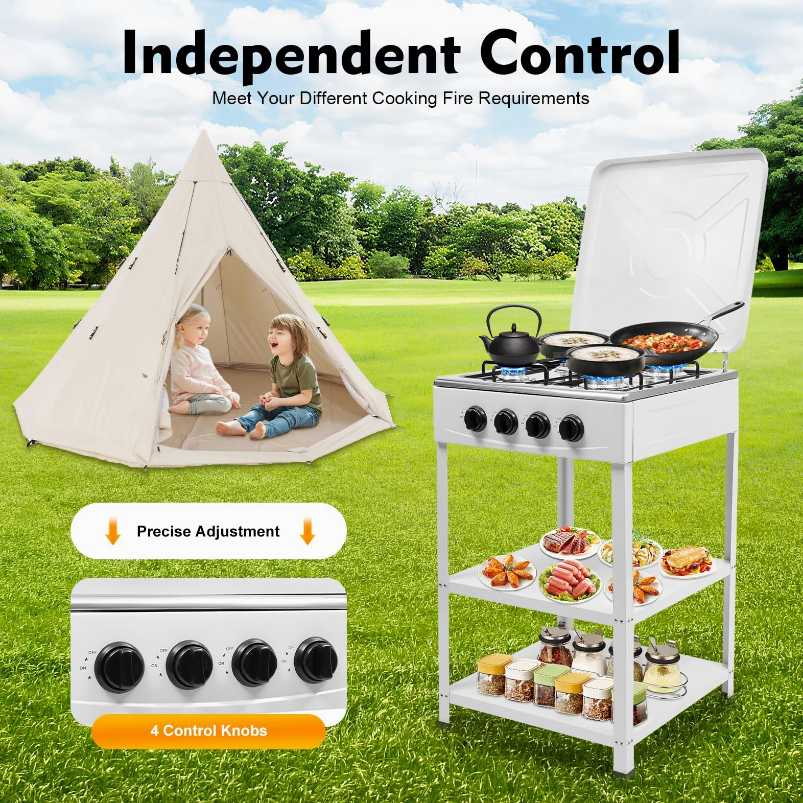 Réchaud à gaz 4 flammes, cuisinière à gaz naturel autoportante, avec étagère à 2 étages et couvercle, réchaud à gaz naturel avec 4 brûleurs, four de camping portable pour camping, extérieur