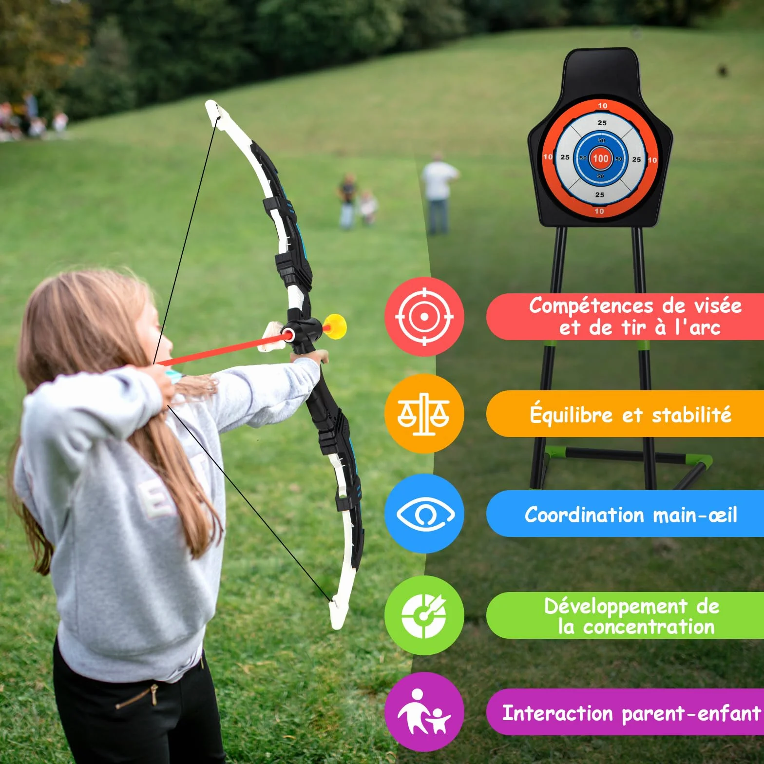 COSTWAY Arc et Flèche pour Enfants avec Lumières LED, Ensemble de Tir à l'arc avec 20 Flèches, 1 Cible Debout/Suspendue et 2 Carquois, Jeu de Tir Intérieur Extérieur pour Garçons Filles de 3 Ans+