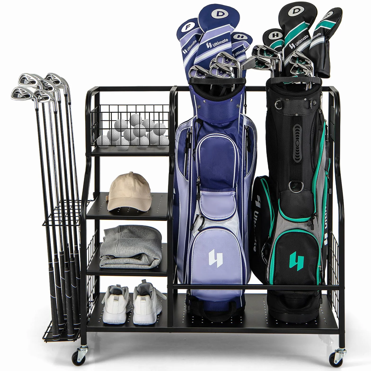 COSTWAY Organisateur d'Équipement Sportif avec Roues Amovibles, Support de Rangement pour 2 Sacs de Golf avec Support pour Clubs de Golf 6 Crochets, pour Garage Club sous-Sol