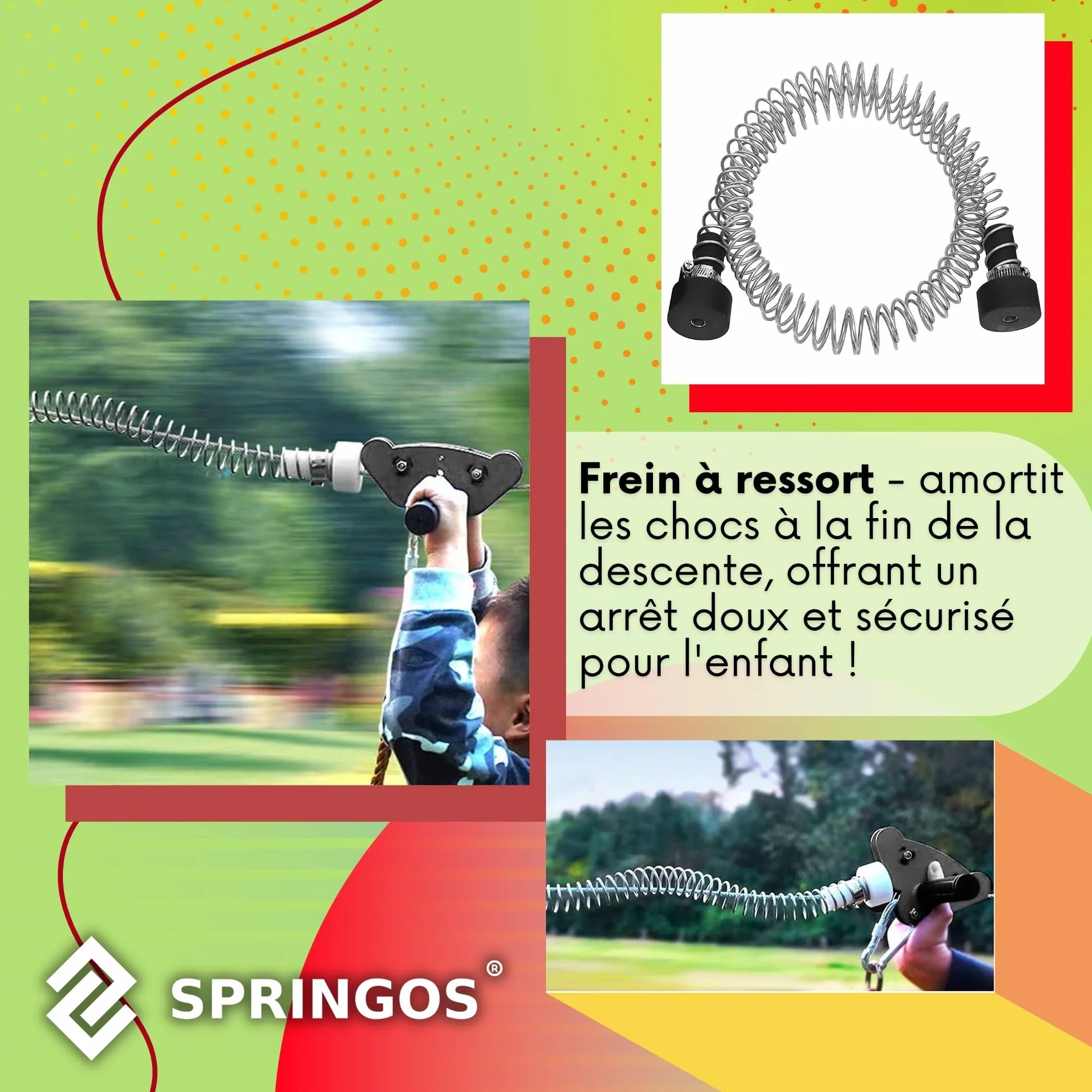 SPRINGOS Tyrolienne Enfant 30m Acier Inoxydable – Kit Zipline avec Siège, Chariot, Frein Ressort, Mousquetons – Charge 120 kg – Jeu Plein Air Jardin