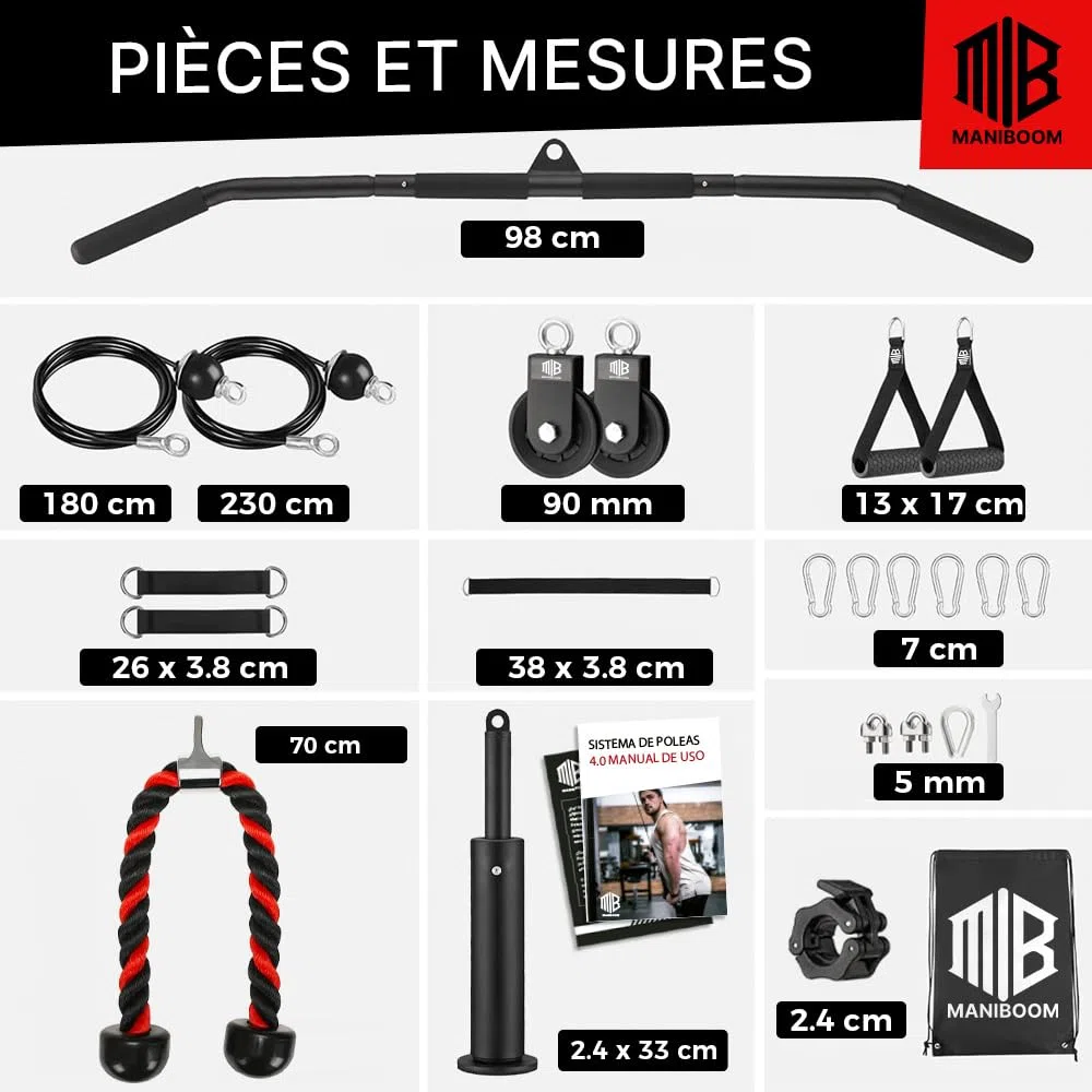ManiBoom Kit Poulie Musculation (204 kg) - Système de Musculation Poulie avec Barre 2 en 1, Corde Triceps et Poignées pour Home Gym