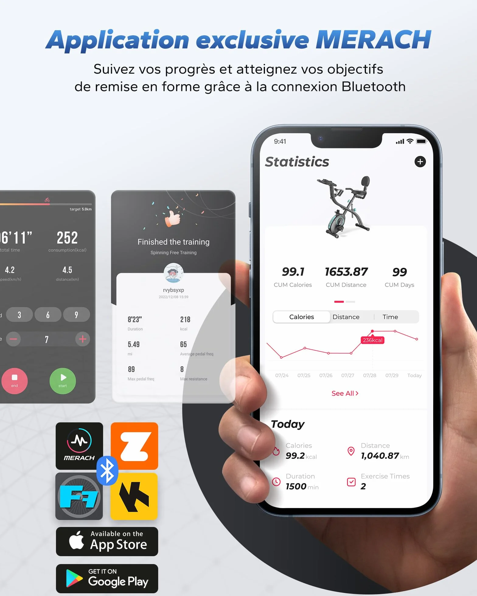 MERACH Velo D Appartement Silencieux avec App Entraînement, 4 en 1 Vélo D’Appartement Pliable avec Résistance Magnétique 16 Niveaux, Écran LCD, Mesure du Pouls, Bande de Résistance, Selle Confortable