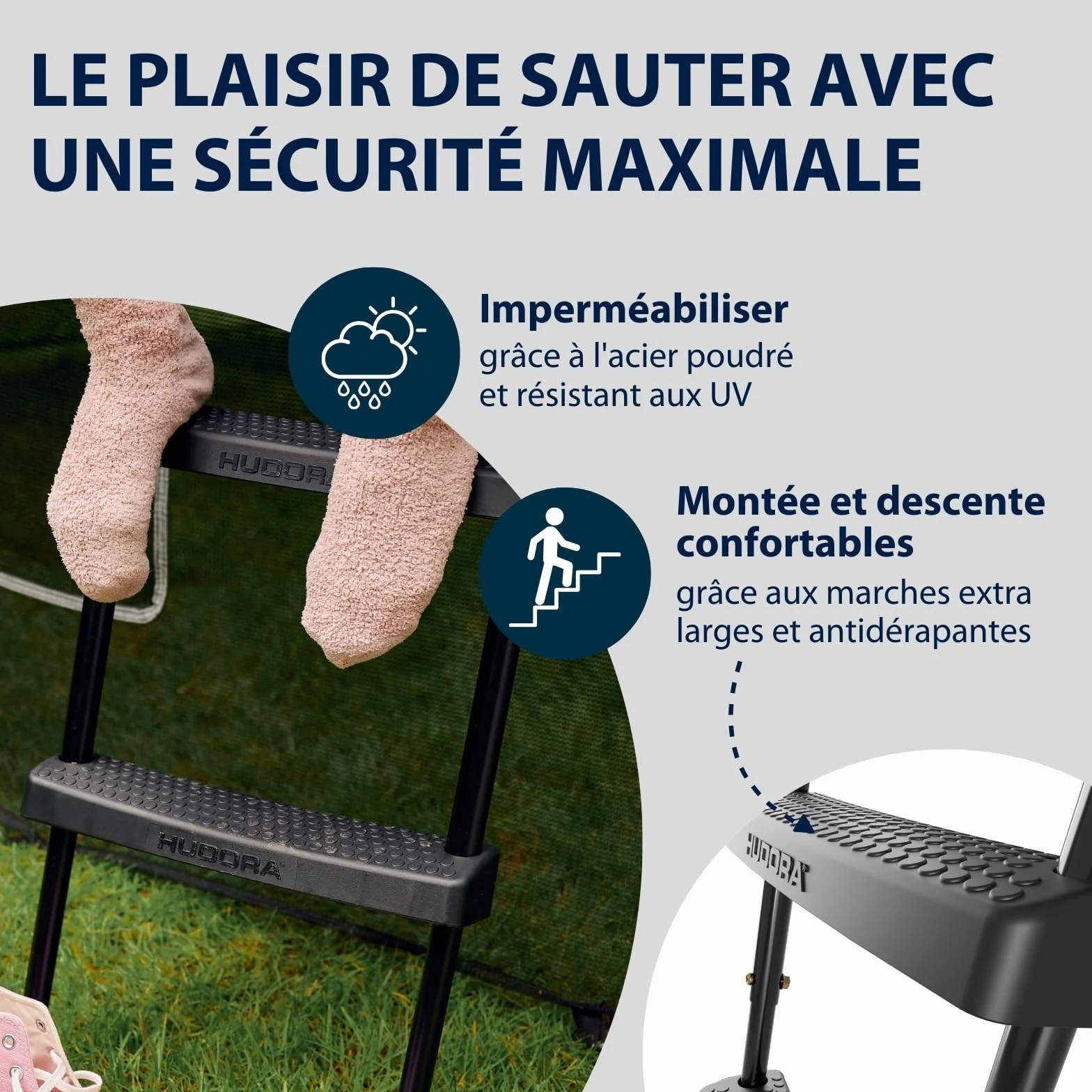 HUDORA Échelle universelle – Trampoline antidérapant avec marches larges – Échelle de sécurité réglable en hauteur pour différentes hauteurs de trampoline et résistant aux UV