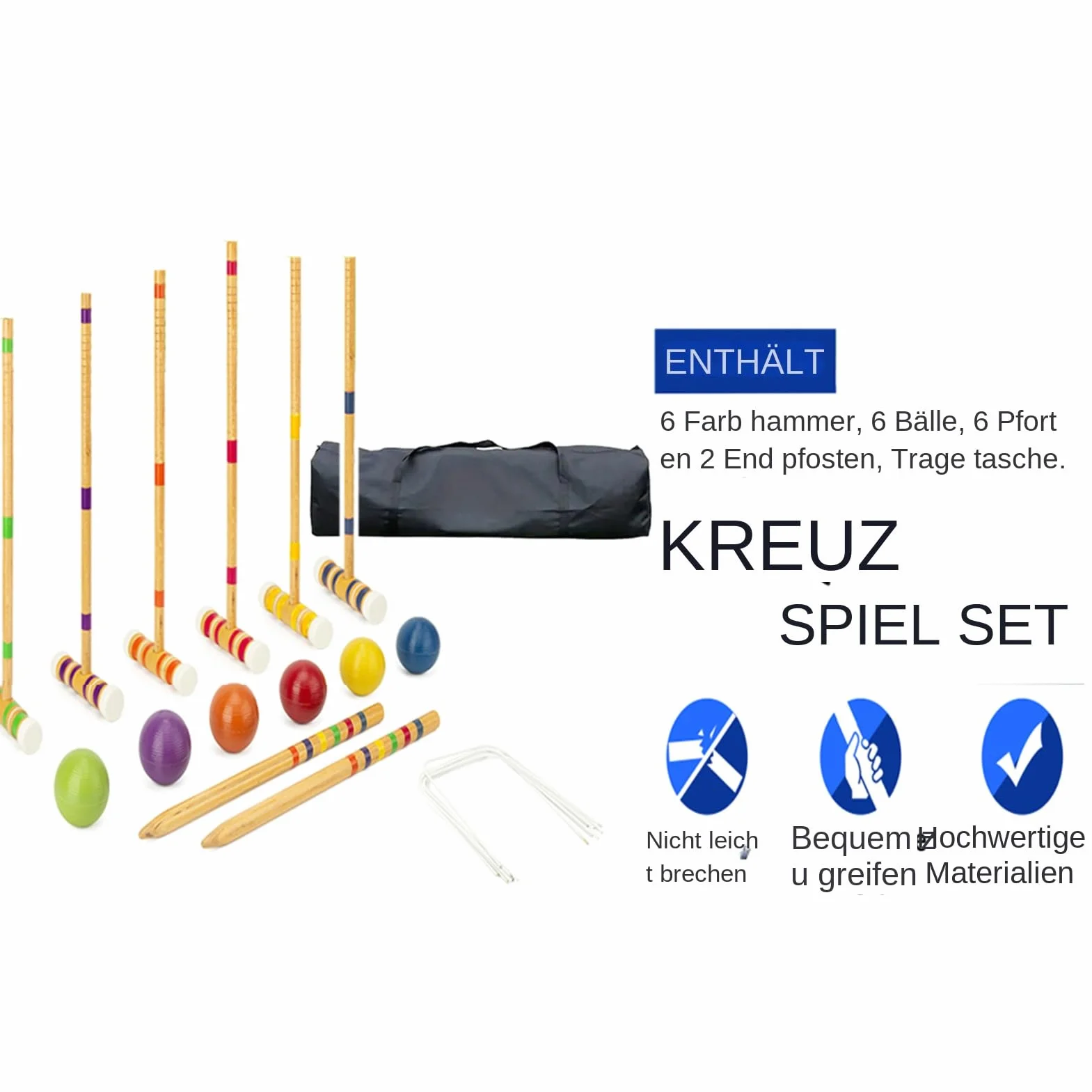 Kit de croquet pour 6 joueurs - Jeu de pelouse en bois - Équipement de sport extérieur réutilisable