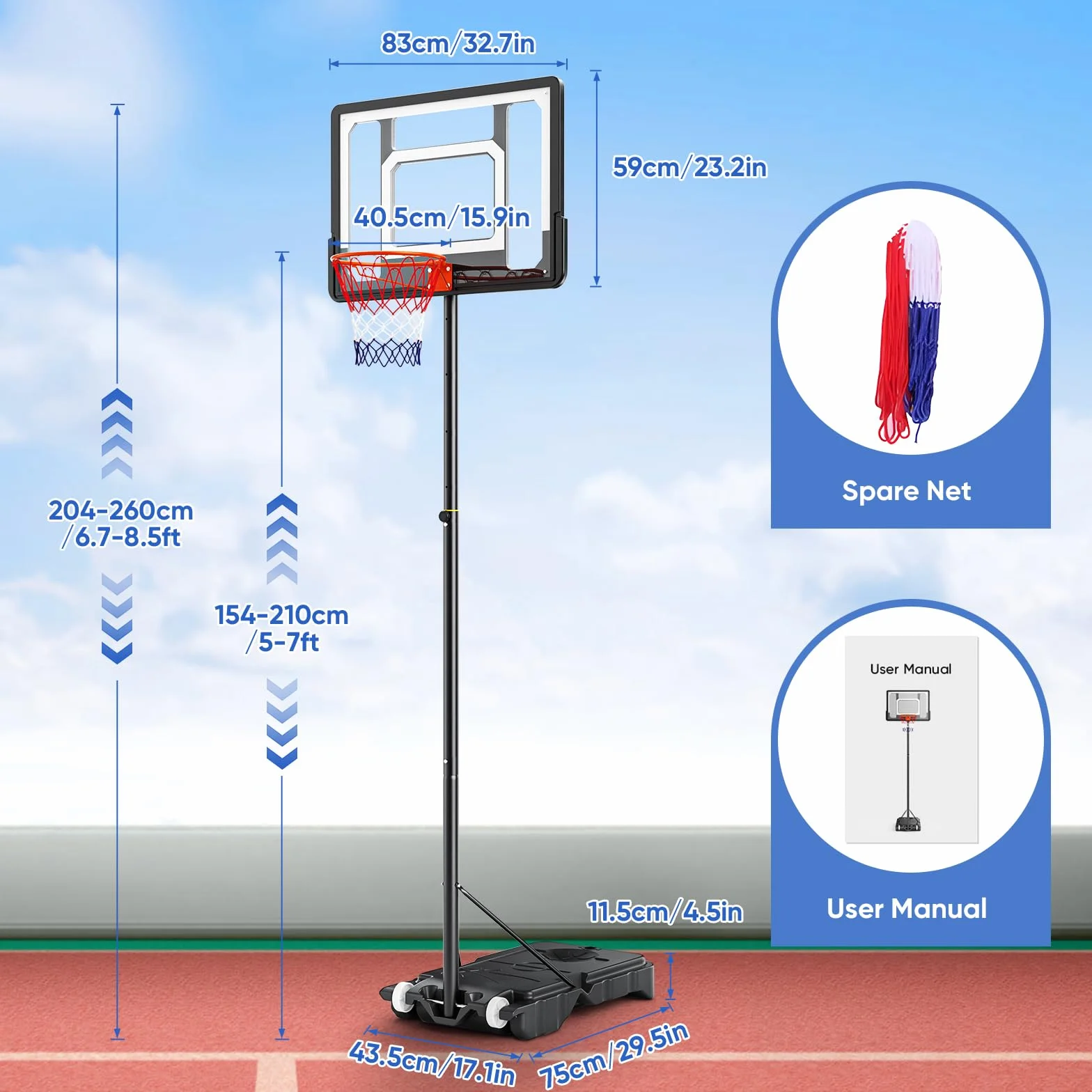Panier de basket avec roues, hauteur réglable de 154 à 210 cm, support de basket-ball avec 2 filets de basket-ball solides, utilisation dans les cours, les jardins et les garages