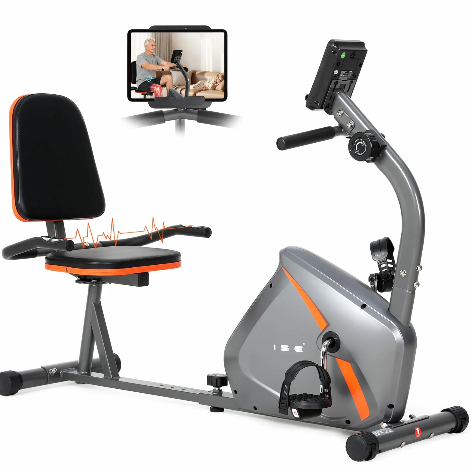 ISE Vélo d'Appartement Semi-Allongé Vélo Couché avec Frein Magnétique, Roues de Transport, Capteurs d'Impulsion, l'Ecran LCD, 8 Niveaux de Résistance Réglables, Velo d appartement Semi Allongé