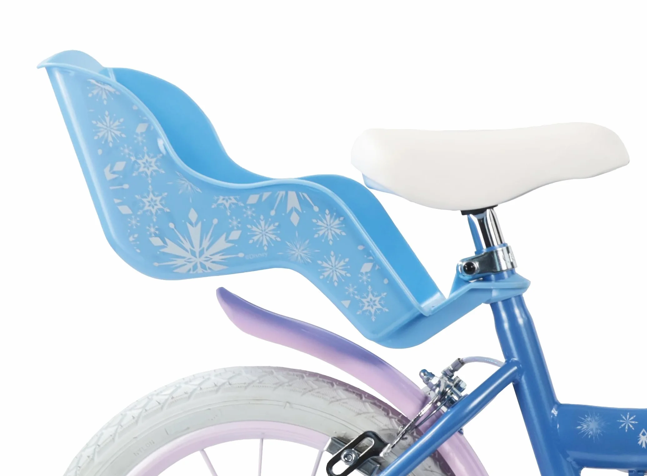 Vélo Reine des Neiges 14'' Fille équipé de 2 Freins Caliper - Roue Libre - Pneus Gonflables - Jantes aciers avec Rayons - Panier Avant - Porte-poupée arrière - Garde-Boue - 2 Stabilisateurs