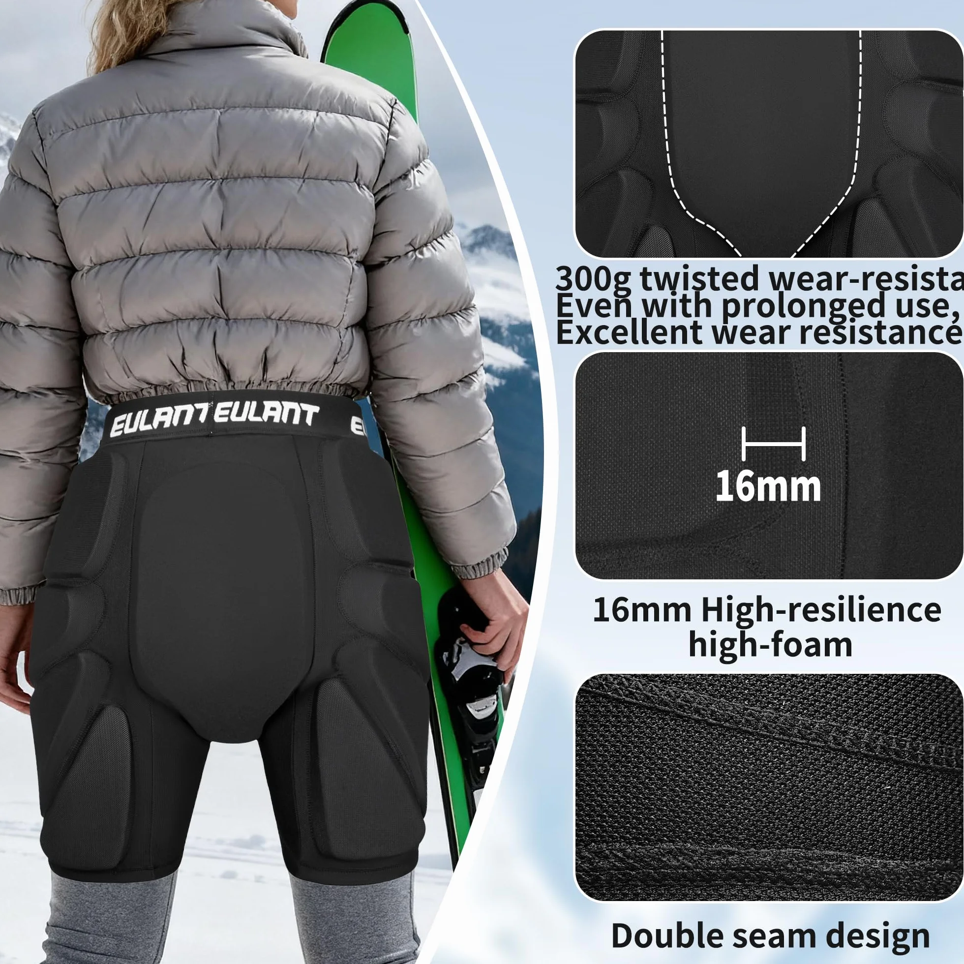 EULANT Short de Protection Rembourré pour Snowboard/Ski/Patinage sur Glace/Ski à roulettes/Vélos/Skate, Protection Hip Pad, Coussinets de Protection 3D pour Hanche / Cul / Coccyx
