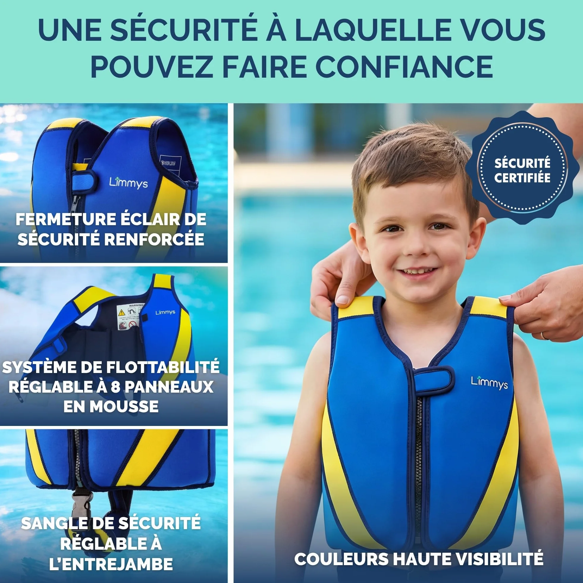 Limmys Gilet de Natation Enfants Aide Flottaison Réglable 8 Panneaux Néoprène Doux CE