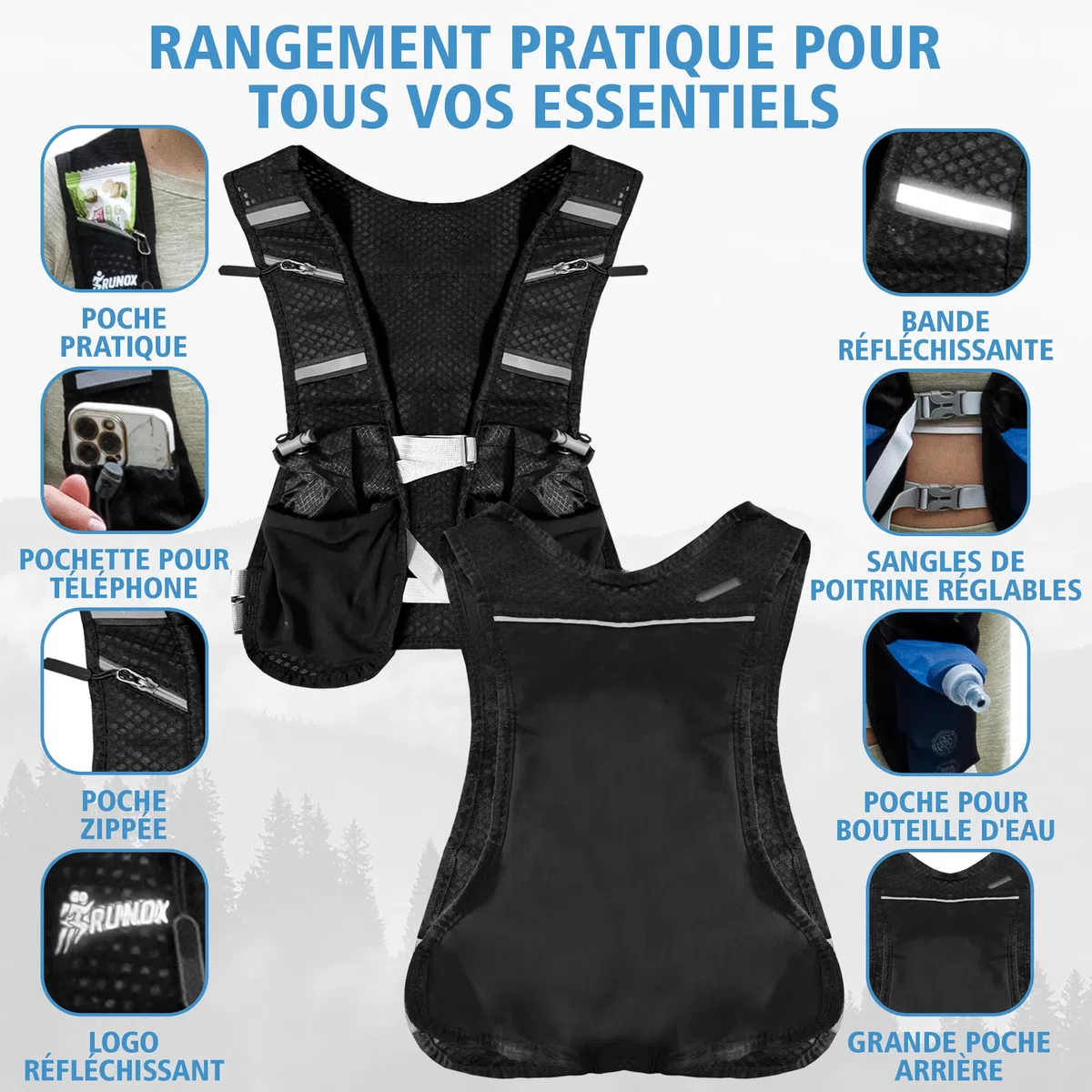 Gilet Hydratation Running – Veste Running Homme/Femme Ultra-Légère avec 2× Gourdes 500 ML + Poche à Eau 2 L – Gilet Trail, Course à Pied, Sac Hydratation Running Ajustable et Respirant